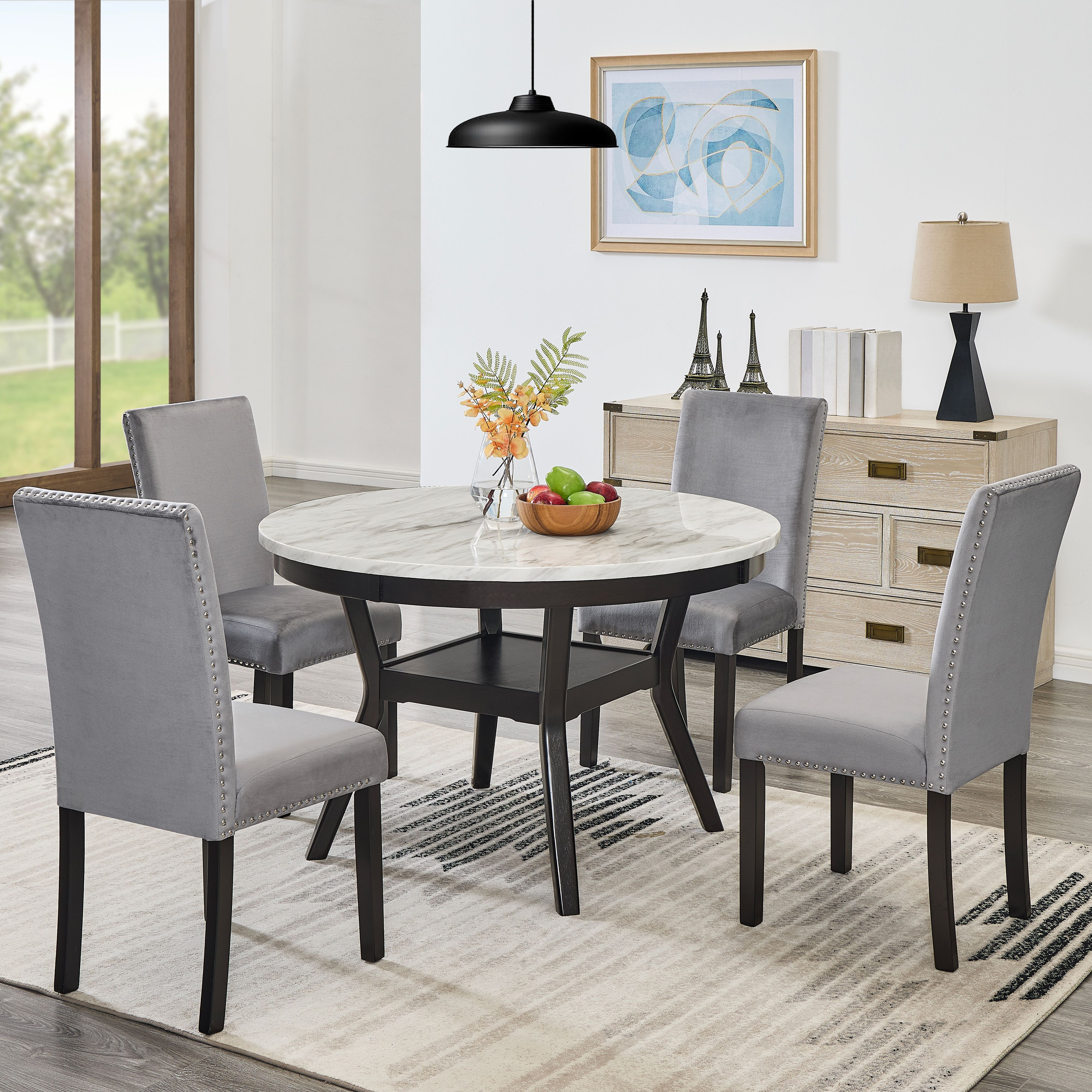 5-Piece Mella Dining Set - Round Faux Marble Table with 4 Gray Velvet Parsons Chairs, Dark Espresso Finish