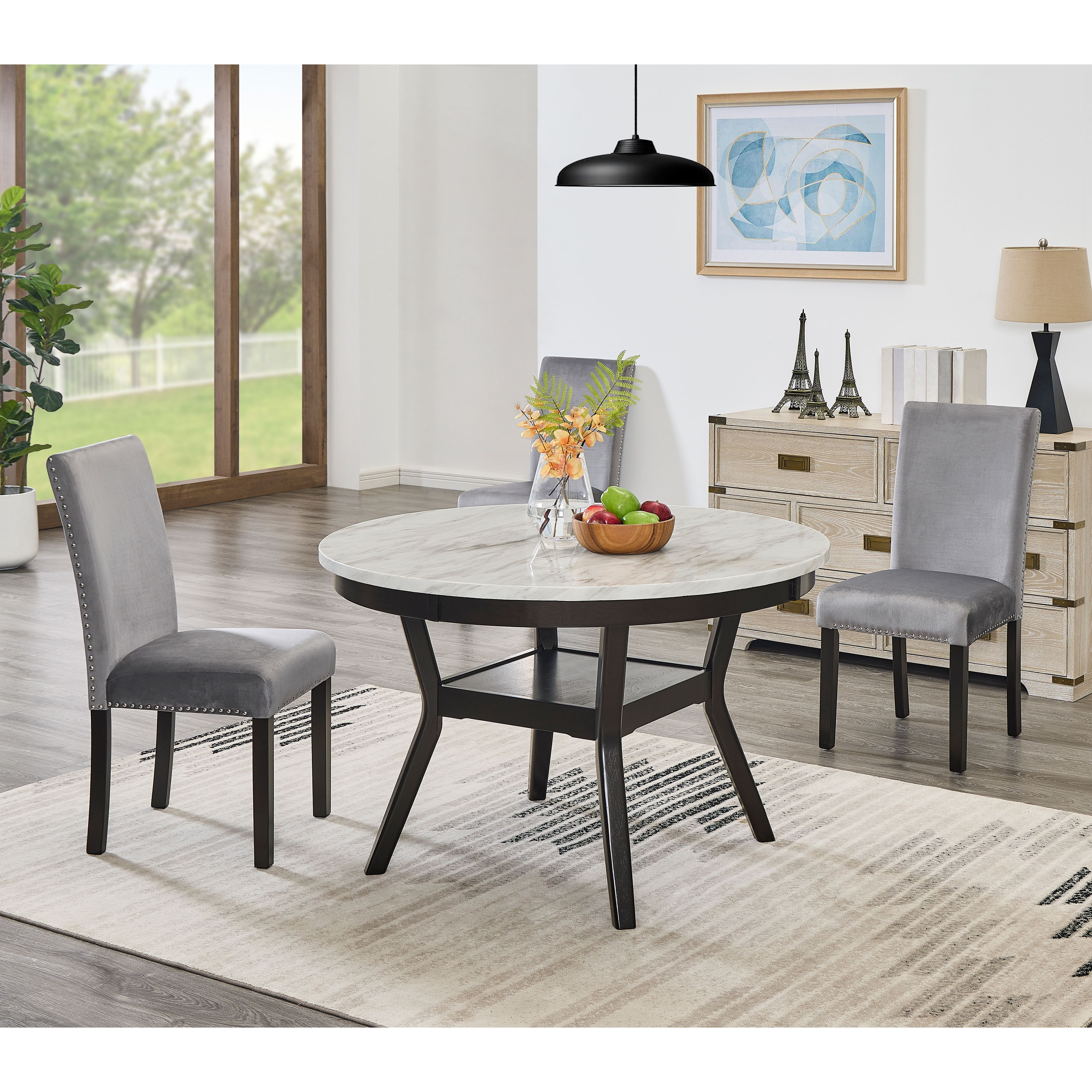 5-Piece Mella Dining Set - Round Faux Marble Table with 4 Gray Velvet Parsons Chairs, Dark Espresso Finish