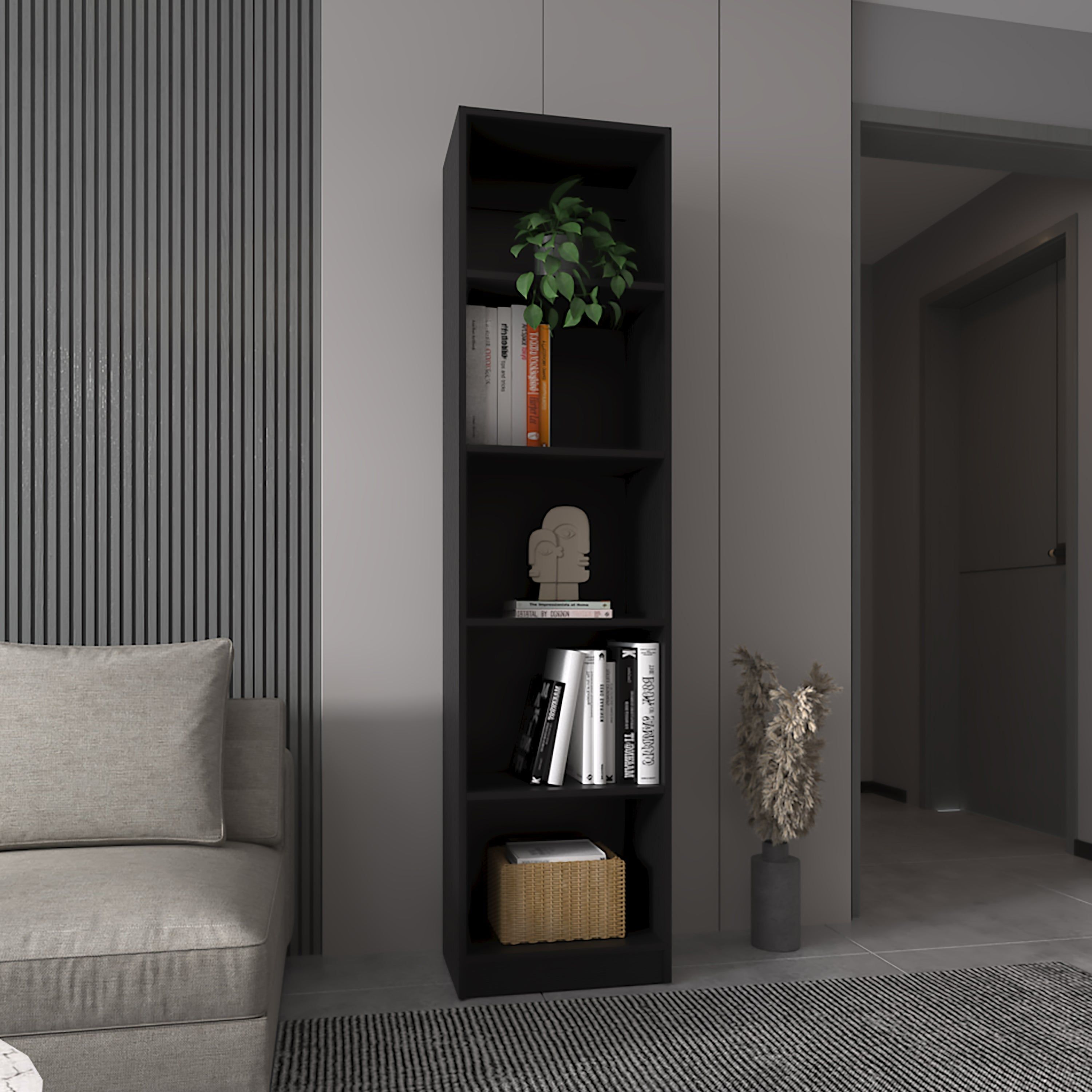 Zachary Black 5-Shelf Slim Bookcase