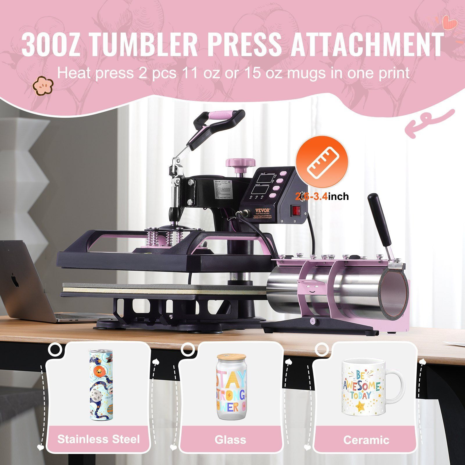 5 in 1 Heat Press Machine 12x15 in 30oz Tumbler Press T-Shirts Black+Pink