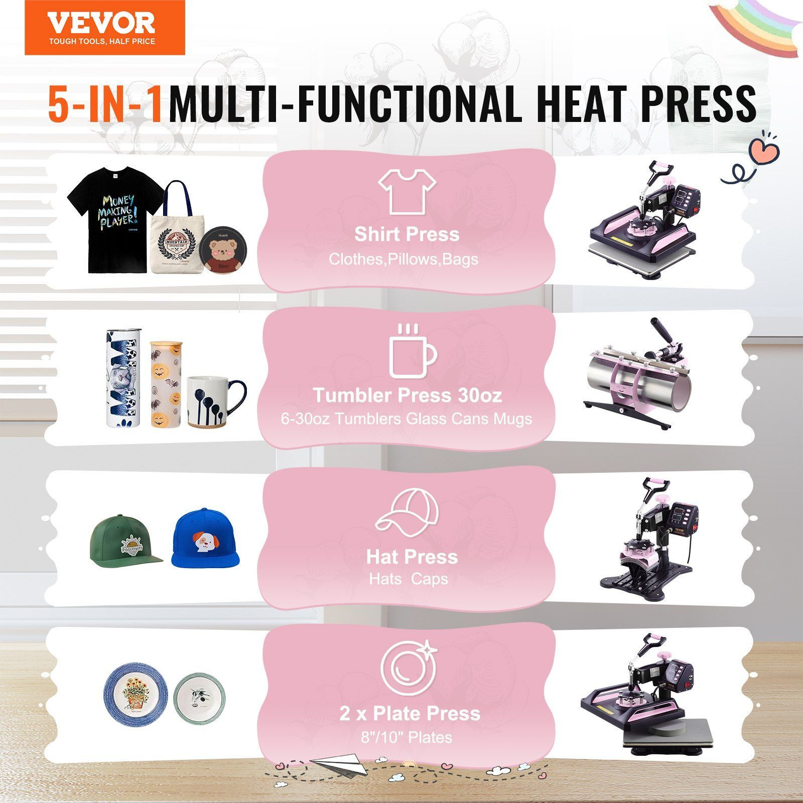 5 in 1 Heat Press Machine 12x15 in 30oz Tumbler Press T-Shirts Black+Pink