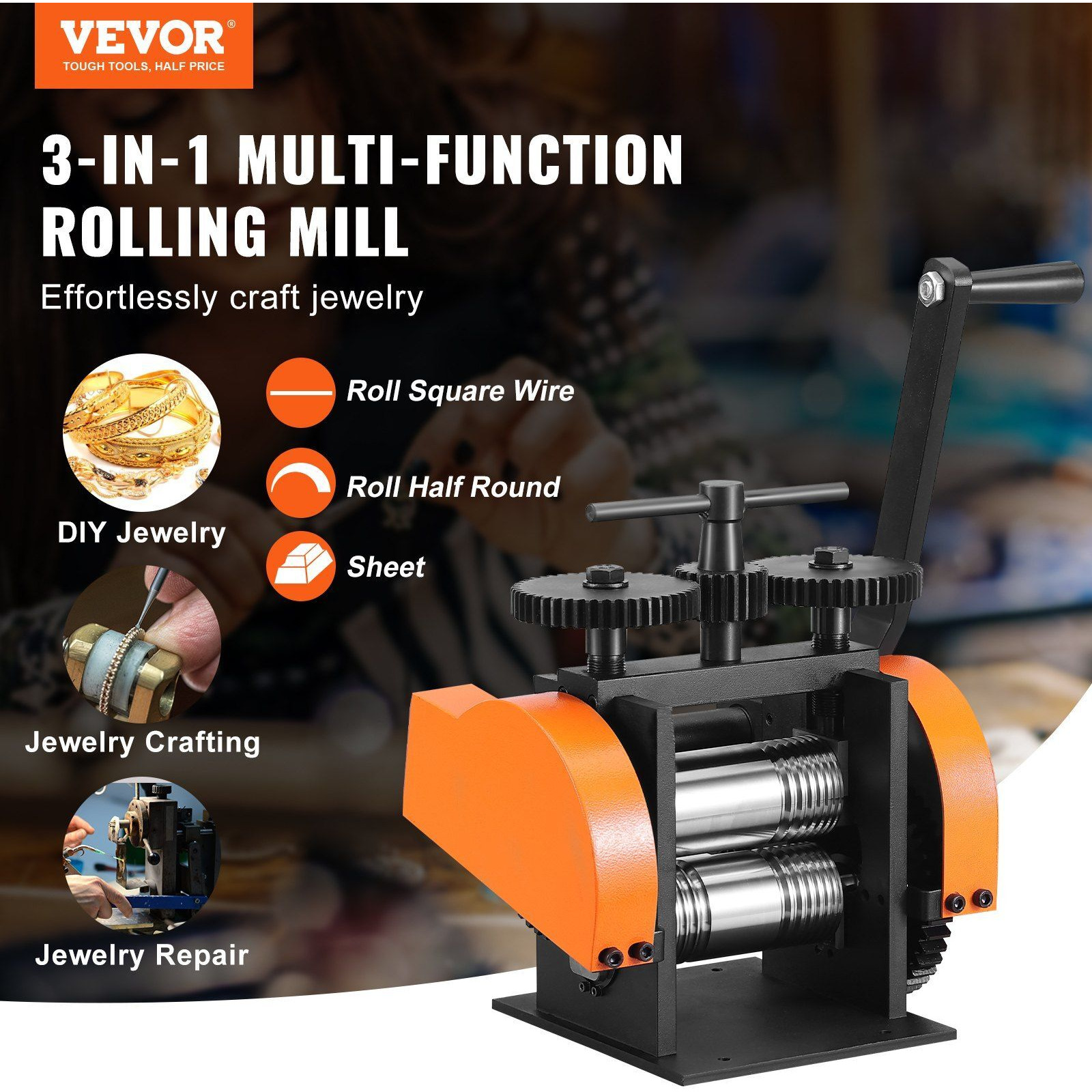 VEVOR Rolling Mill, 1.77"/45 mm Jewelry Rolling Mill Machine, 1 2.4 Gear Ratio, 3-in-1 Multi-function Rolling Mill, 0-6 mm Press Thickness for Metal Jewelry Making Sheet Square Wire Semicircle