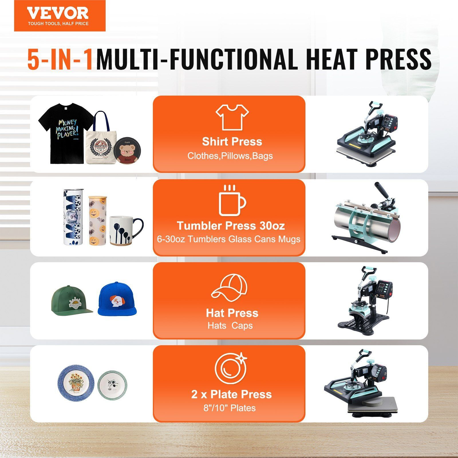 5 in 1 Heat Press Machine 12x15 in 30oz Tumbler Press T-Shirts Black+Green