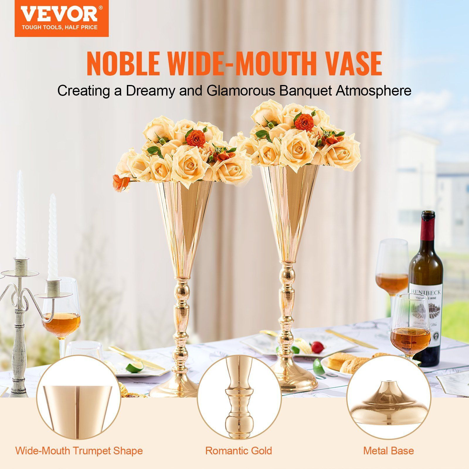 VEVOR 10PCS 43cm/16.9' Tall Wedding Flower Vase Metal Gold Trumpet for Tables