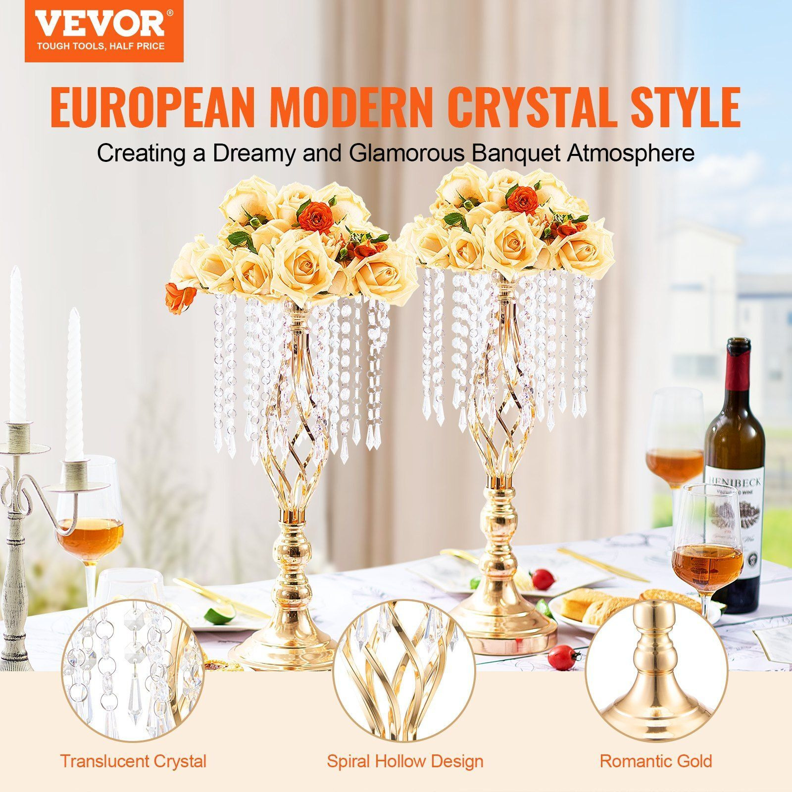 VEVOR 12PCS 49cm/19.3' Tall Crystal Wedding Flower Stand Vase for Party Decor