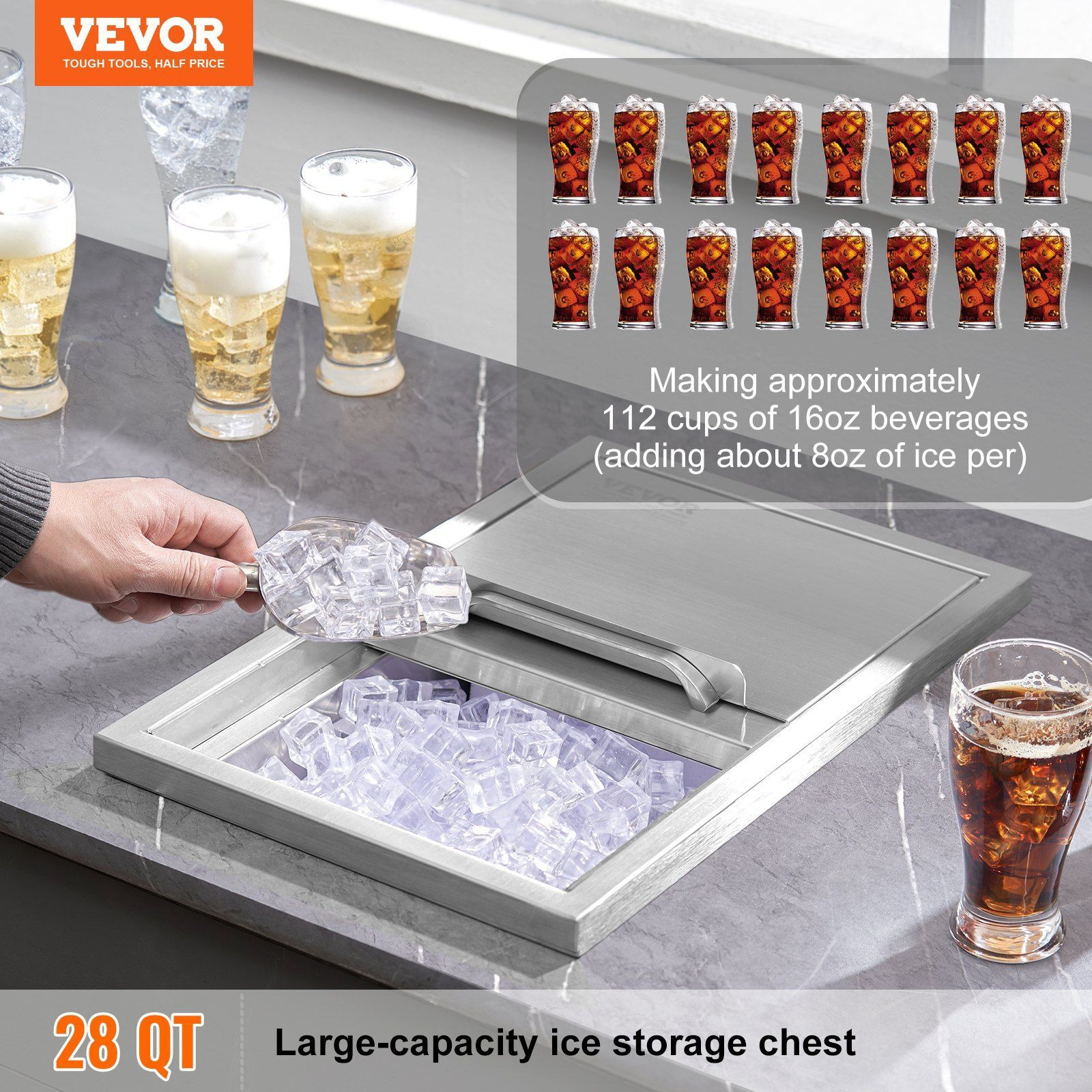 VEVOR Drop in Ice Chest, 18&quotL x 12&quotW x 14.5&quotH Stainless Steel Ice Cooler, Commercial Ice Bin with Sliding Cover, 40.9 qt Outdoor Kitchen Ice Bar, Drain-pipe and Drain Plug Included, for Cold Wine Beer