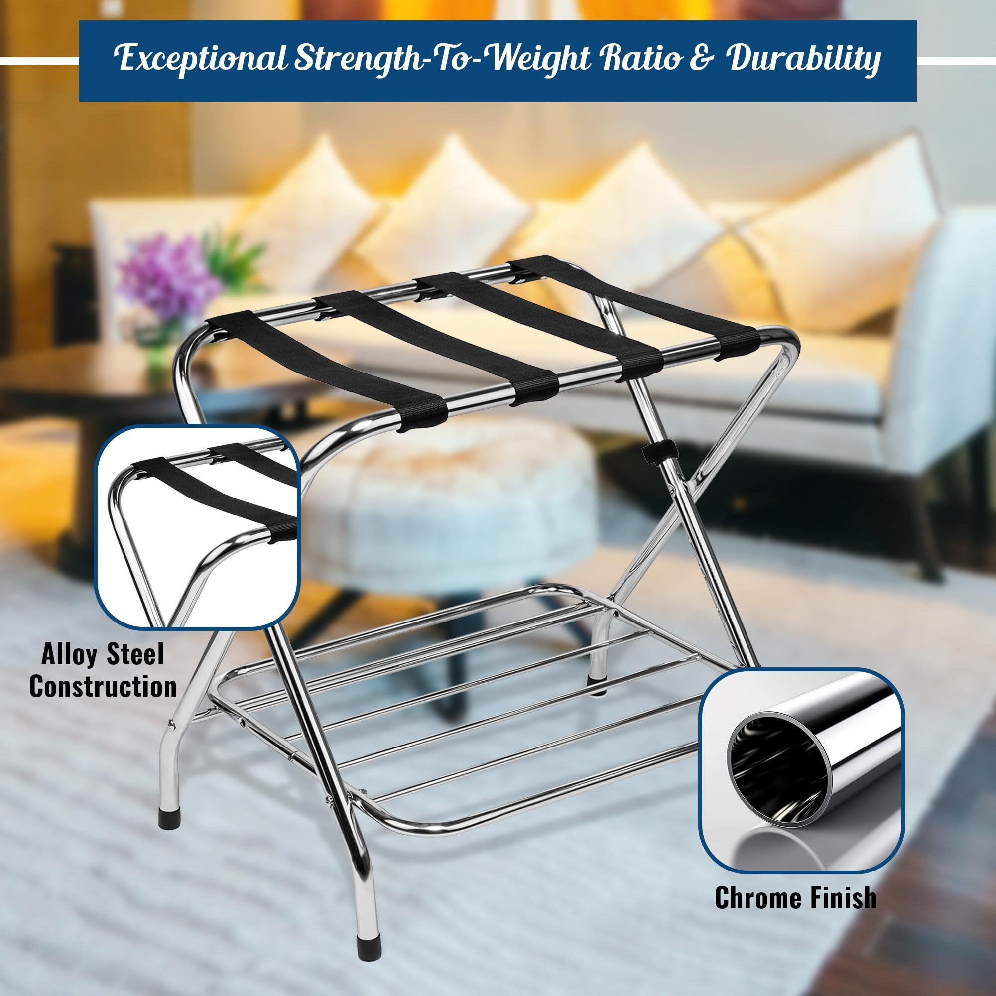 USTECH Luggage Rack-Double Tier, Chrome, Self Asssembly, Foldable Rack for Guest Room (Pack of 2)