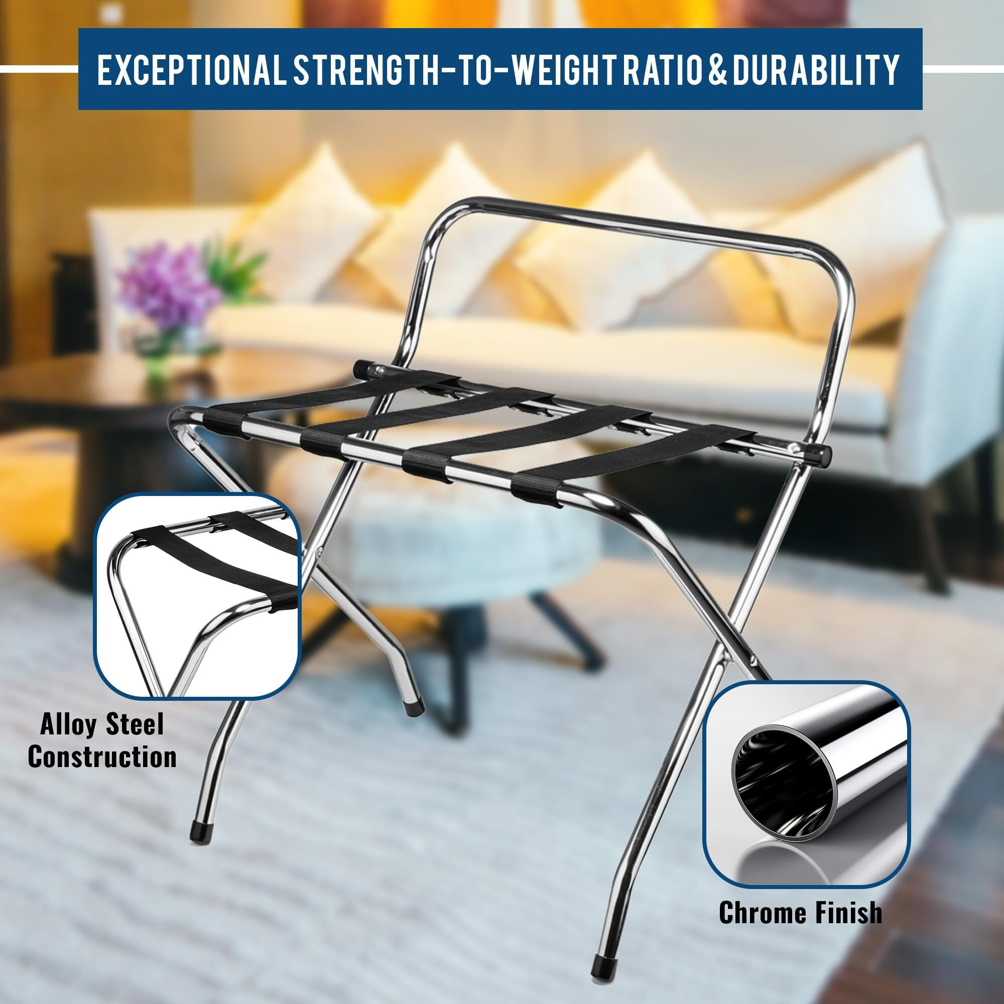 USTECH Luggage Rack-Single Tier with High Back, Chrome, Self Asssembly, Foldable Rack for Guest Room