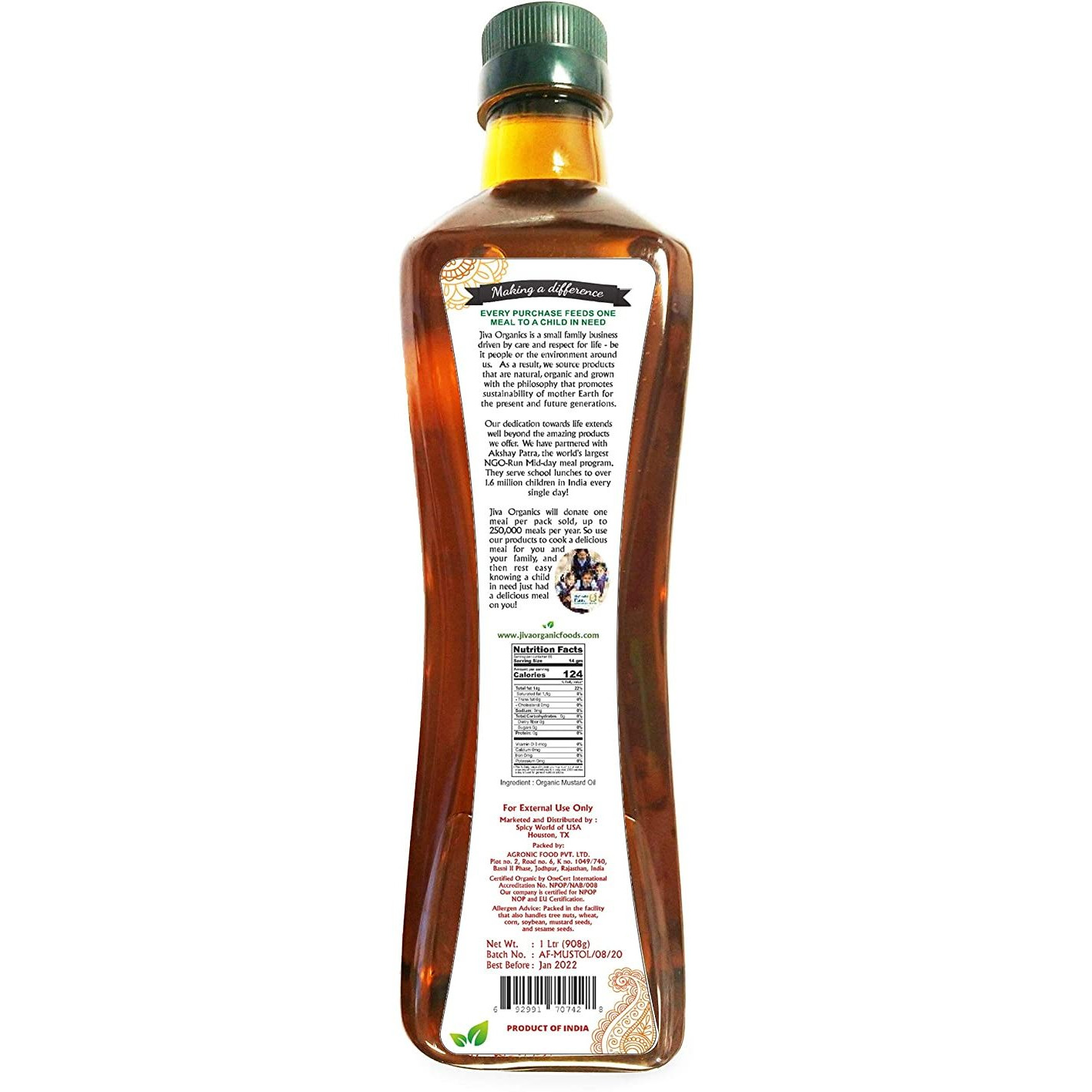 Jiva Organics Organic Mustard Oil - 1 L (33.8 Fl Oz)