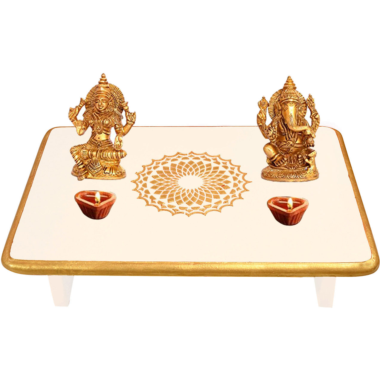 Home decorative Wooden Pata Blue Pooja Chowki Stool 16 x 12 x 4 Inches (Size: 24X15X4, Color: Off-White)