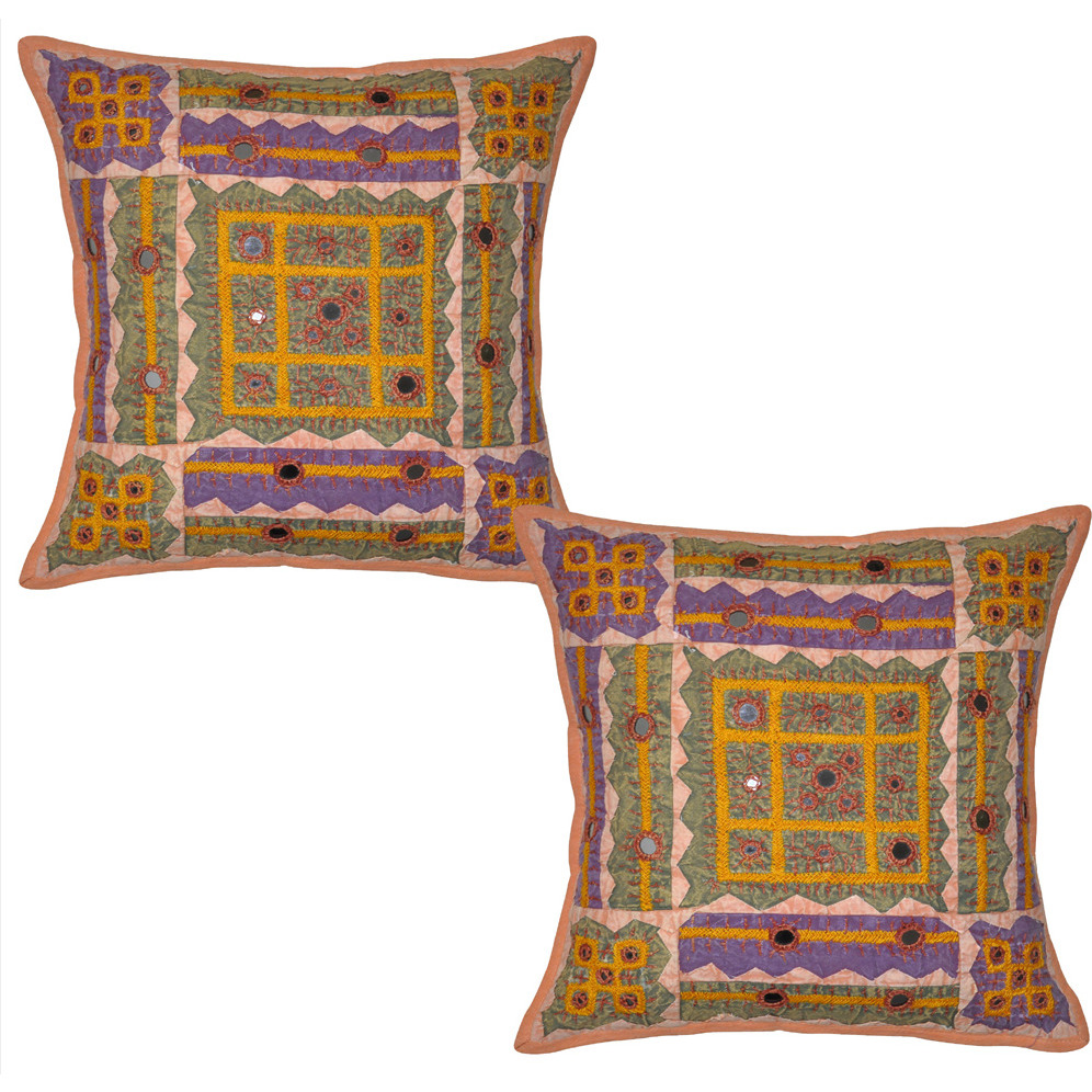 Vintage Cotton Cushion Covers Pair Mirror Patchwork Brown Pillowcases Square 16 Inch