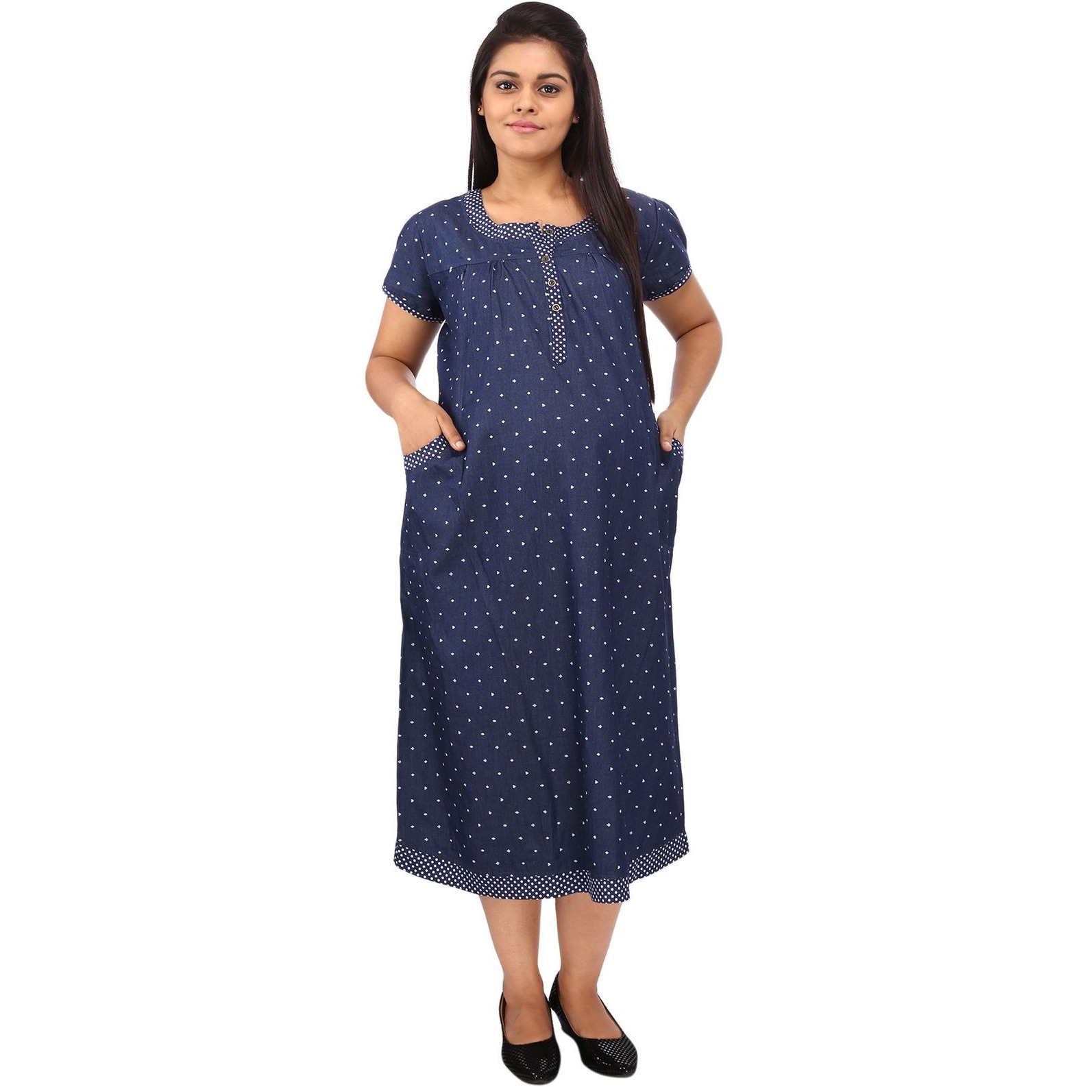 Mamma's Maternity Women's Heart Printed Blue Denim Maternity Dress