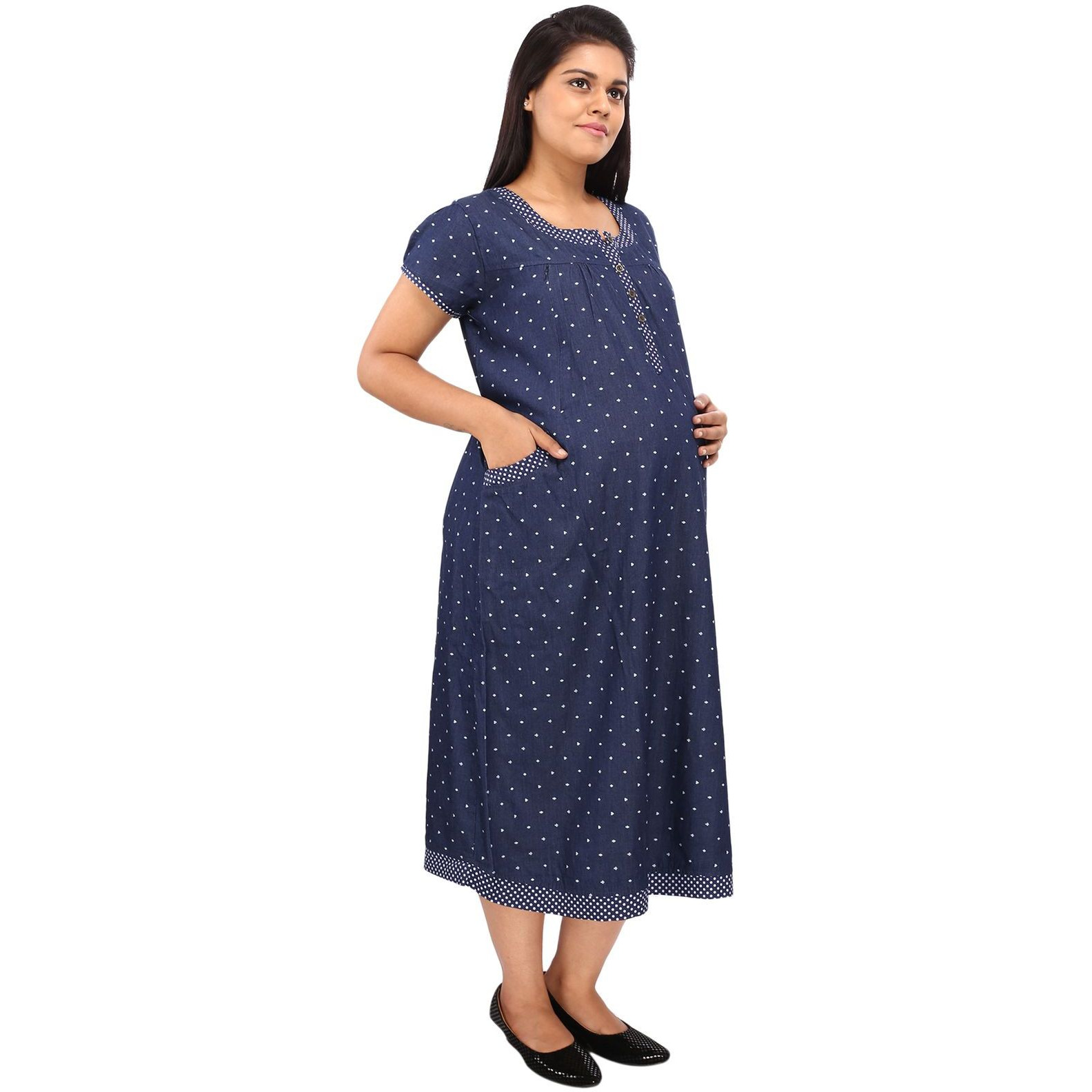 Mamma's Maternity Women's Heart Printed Blue Denim Maternity Dress