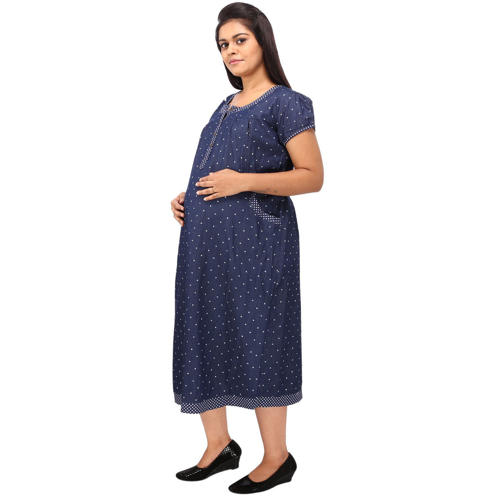 Mamma's Maternity Women's Heart Printed Blue Denim Maternity Dress