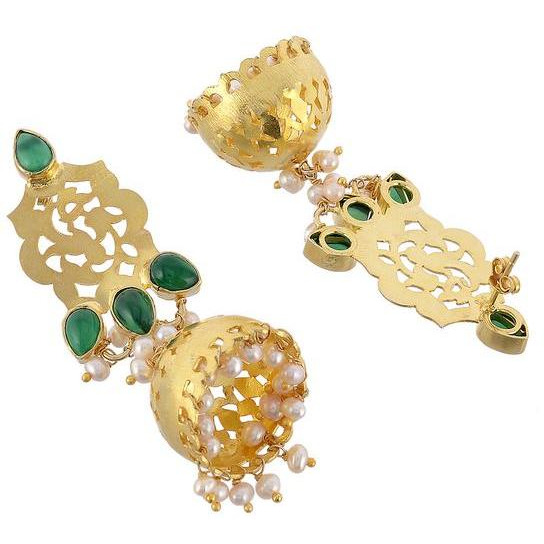 Gold-Plated & Green Handcrafted Jhumkas By Silvermerc Designs