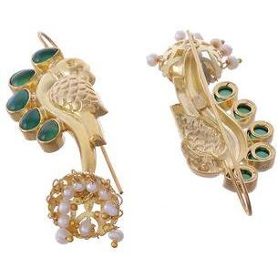 Gold-Plated & Green Peacock Shaped Handcrafted Drop Earrings By Silvermerc Designs