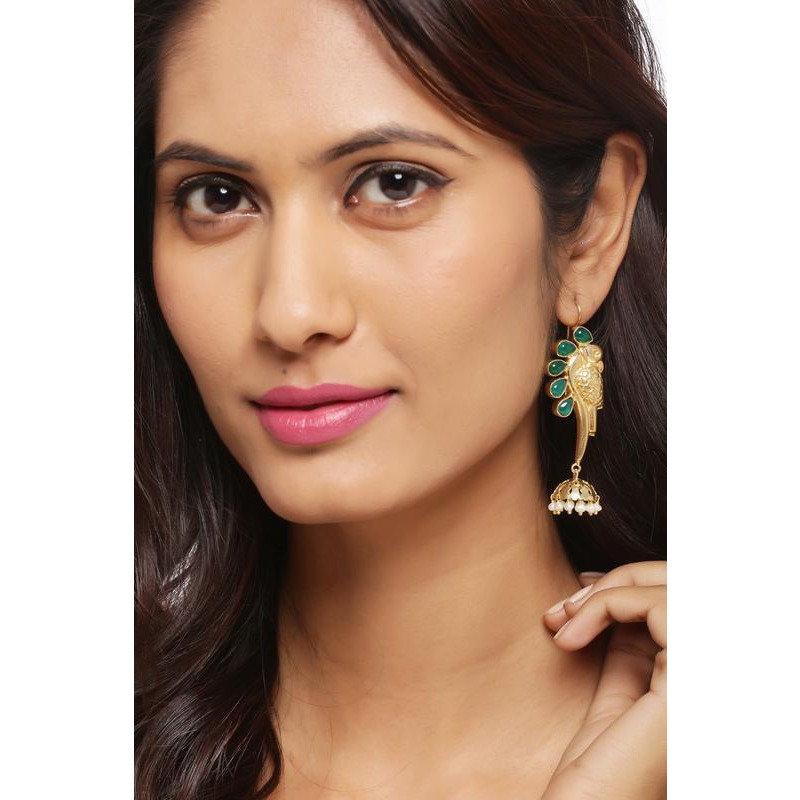 Gold-Plated & Green Peacock Shaped Handcrafted Drop Earrings By Silvermerc Designs