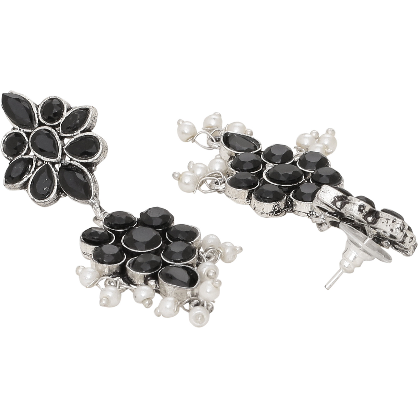 Beautiful Floral Design & Black Turquoise & Pearls Drop Earrigns By Silvermerc Designs