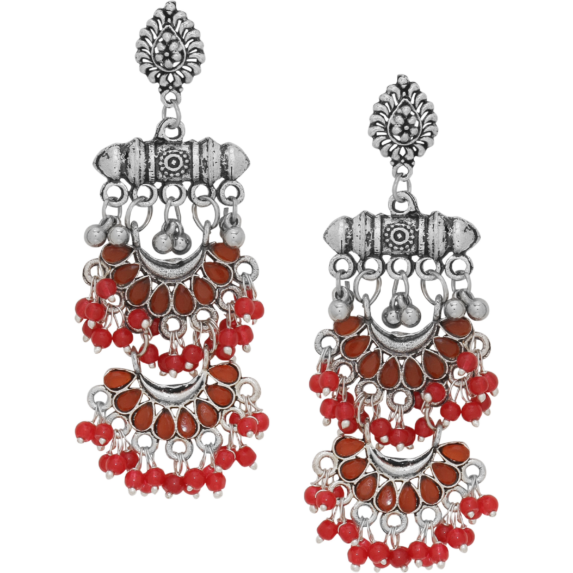 Classic Red Oynx & Beads Beautiful Floral Designs Drop Earrings By Silvermerc Designs