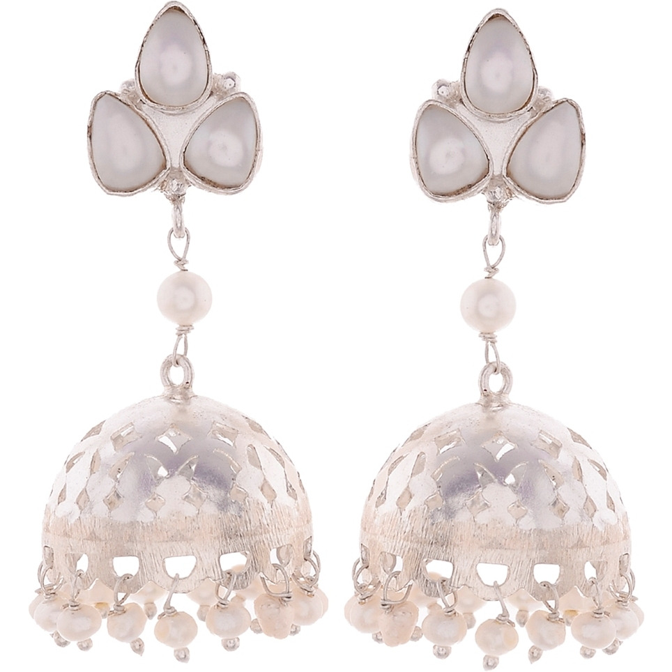 Beautiful Floral Designs & Fresh Water Pearls Silver Jhumka Earrings By Silvermerc Designs