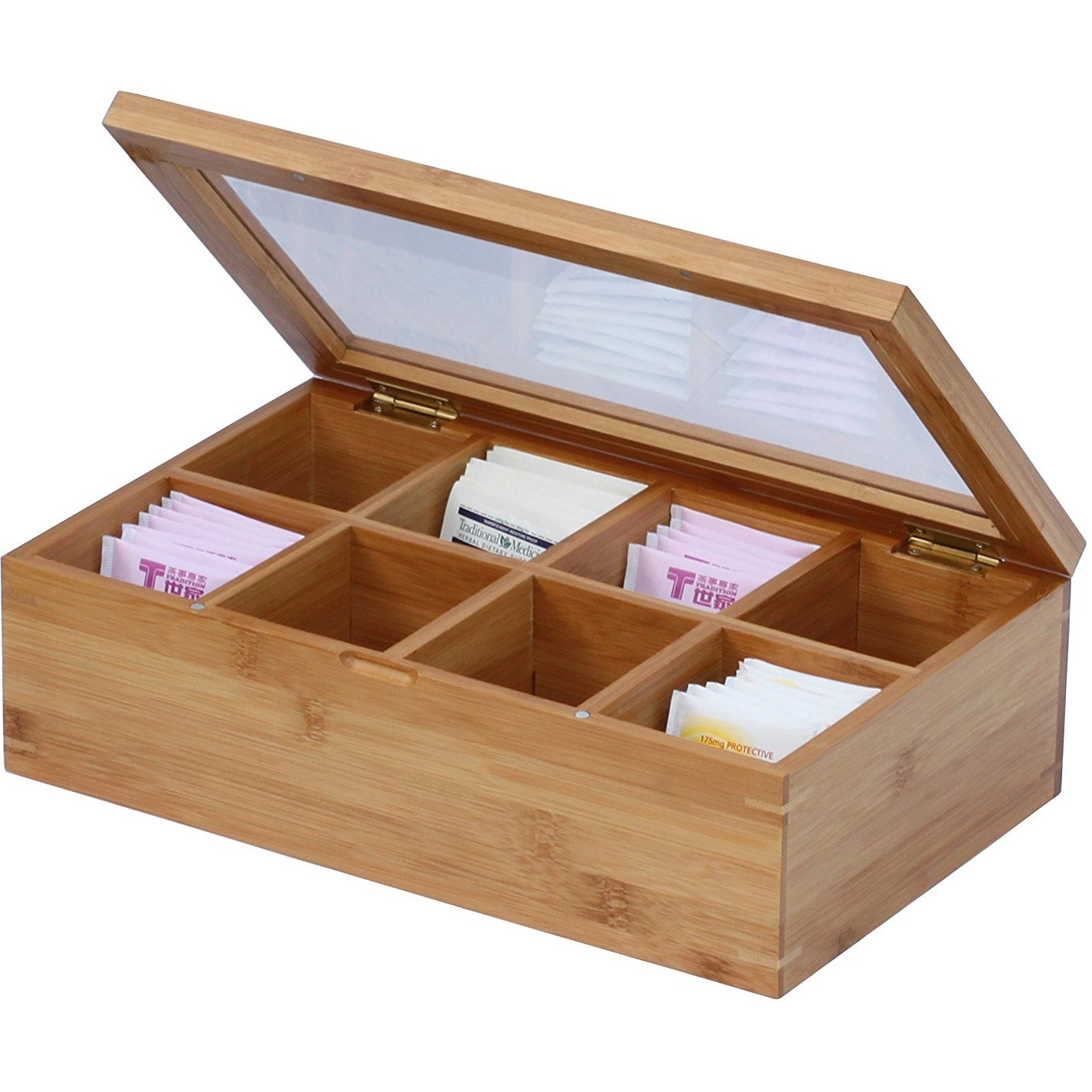 Winmaarc Tea Box Storage Natural Tea Chest Tea Bag Holder with Clear Hinged Lid