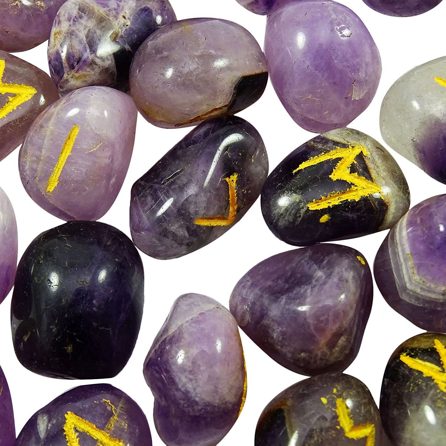 Winmaarc Natural Gemstone Runes Set Polished Stone Engraved Symbol 25pcs Set Crystal Chakra Healling (Amethyst)