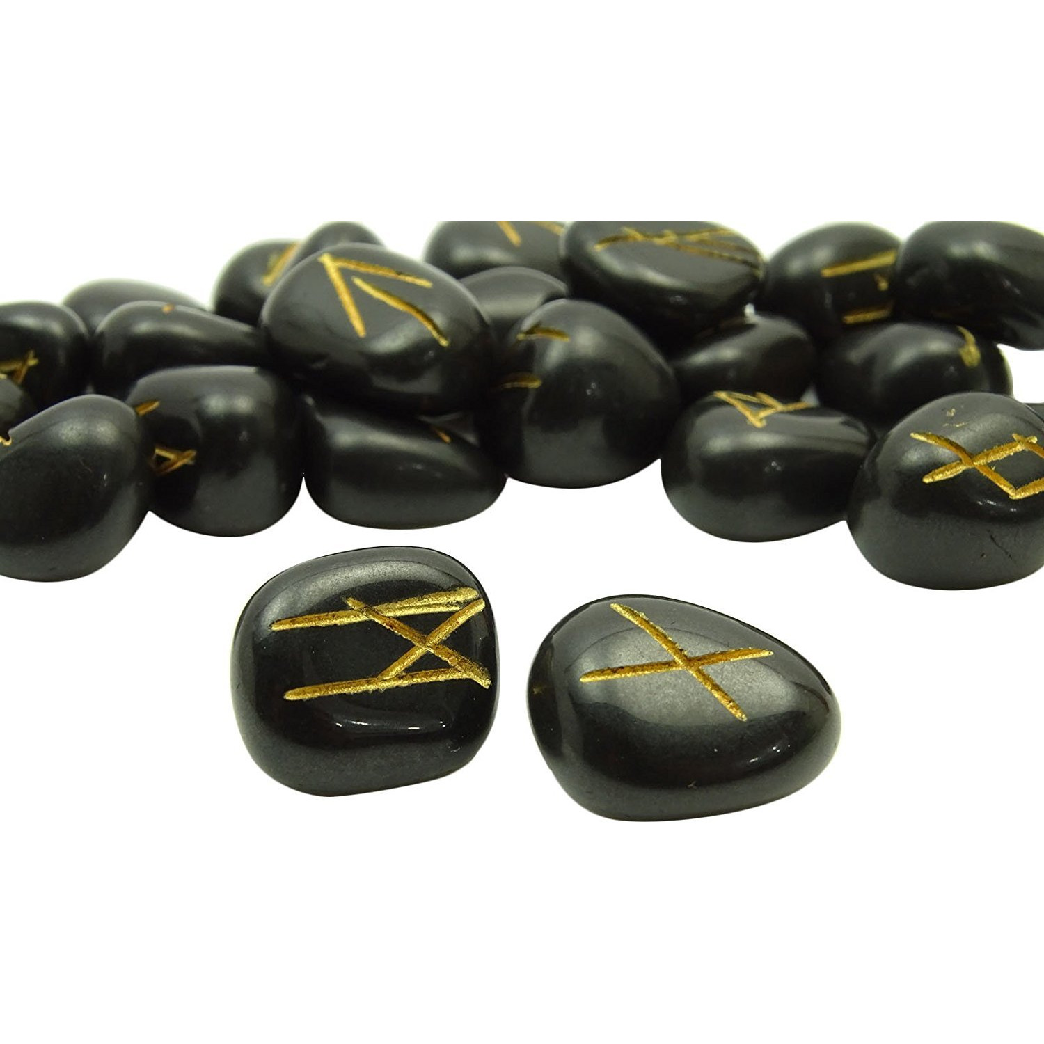 Winmaarc Natural Gemstone Runes Set Polished Stone Engraved Symbol 25pcs Set Crystal Chakra Healling (Black Obsidian)