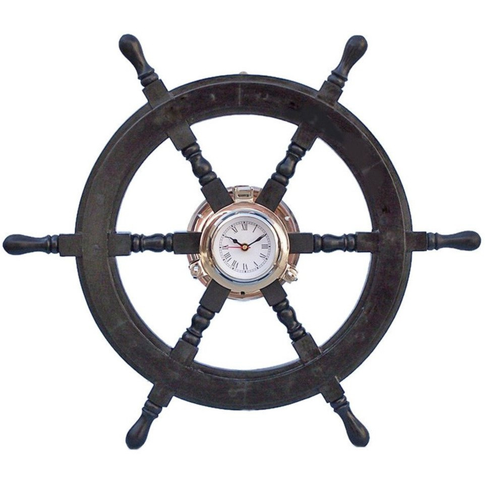 Winmaarc Wooden Handmade Deluxe Class Black Wood and Chrome Pirate Ship Wheel Clock 24