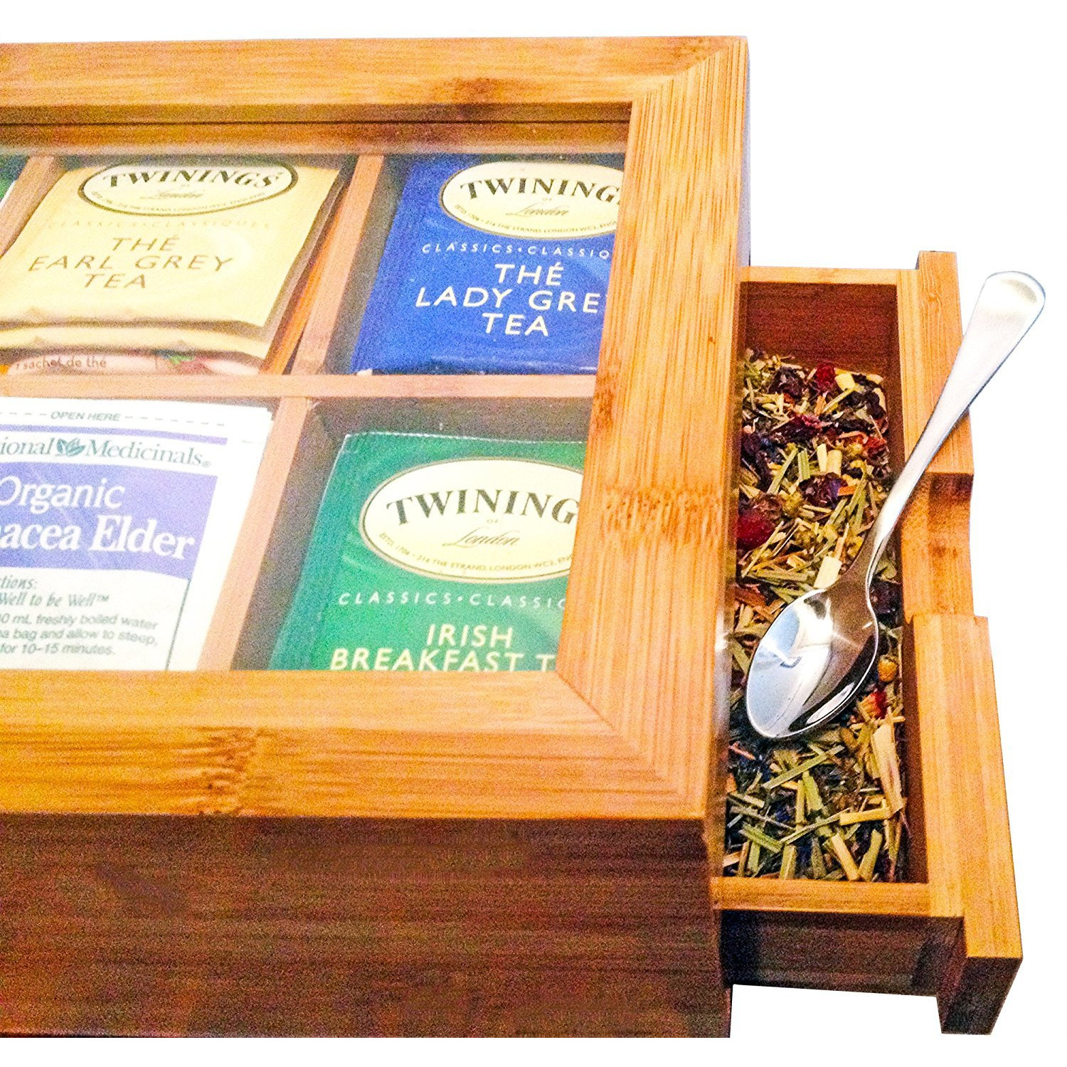 Winmaarc Tea Box Storage Natural Tea Chest Tea Bag Holder with Clear Hinged Lid