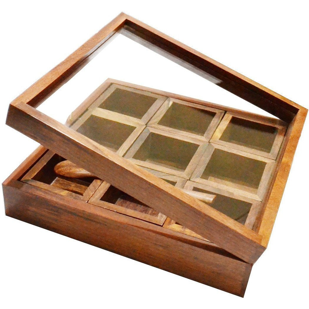 Winmaarc Handmade Wooden Spice box with Clear Hinged Lid Tea Masala Chest