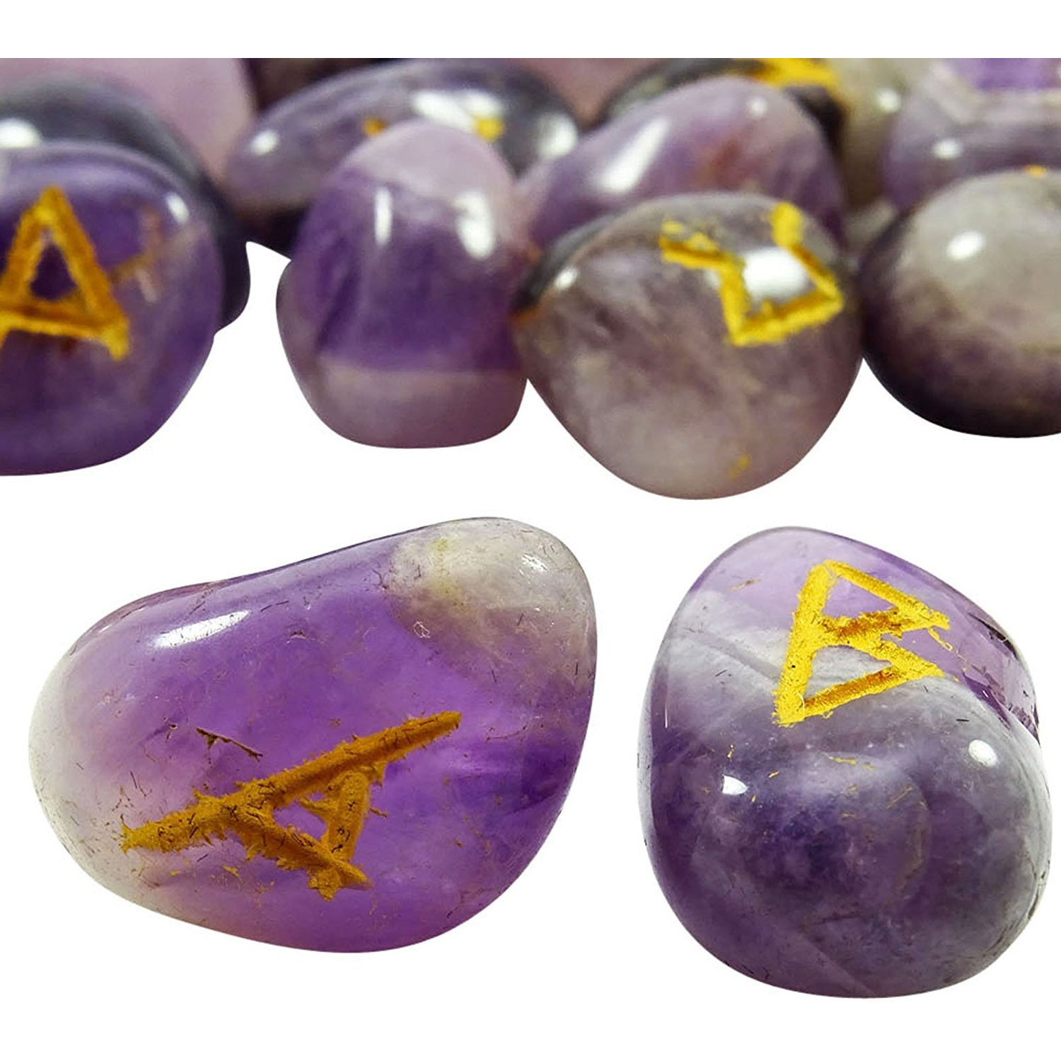 Winmaarc Natural Gemstone Runes Set Polished Stone Engraved Symbol 25pcs Set Crystal Chakra Healling (Amethyst)