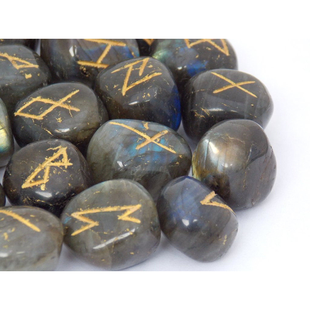 Winmaarc Natural Gemstone Runes Set Polished Stone Engraved Symbol 25pcs Set Crystal Chakra Healling (Labradorite)