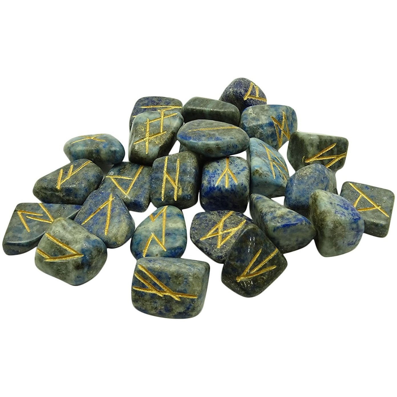 Winmaarc Natural Gemstone Runes Set Polished Stone Engraved Symbol 25pcs Set Crystal Chakra Healling (Lapis Lazuli)