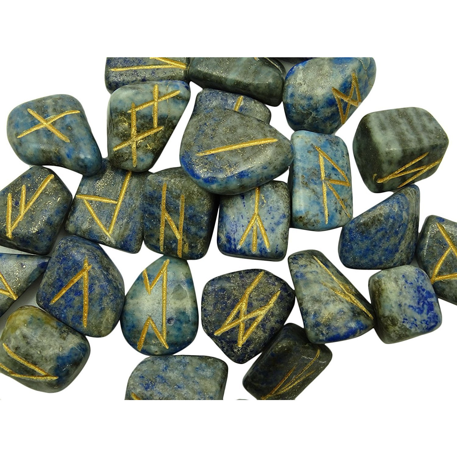 Winmaarc Natural Gemstone Runes Set Polished Stone Engraved Symbol 25pcs Set Crystal Chakra Healling (Lapis Lazuli)