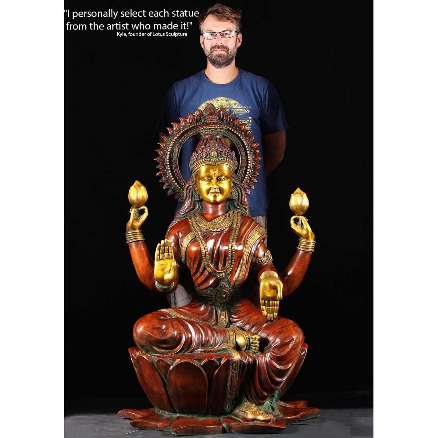 Brass Large Lakshmi Statue with Lotus Flowers 53 Inches