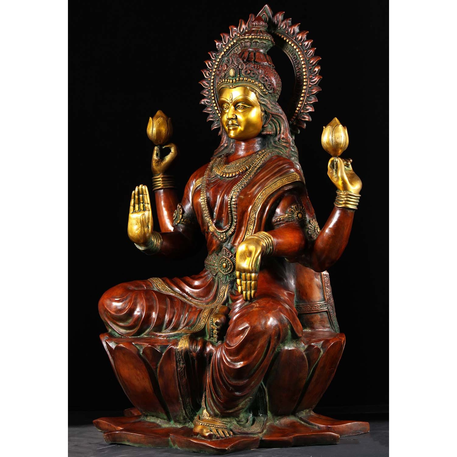 Brass Large Lakshmi Statue with Lotus Flowers 53 Inches