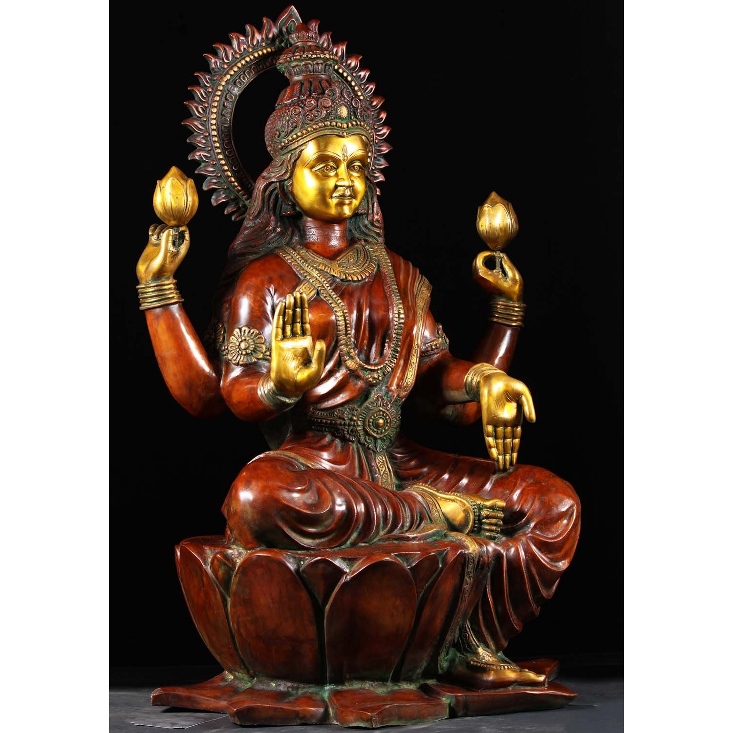 Brass Large Lakshmi Statue with Lotus Flowers 53 Inches