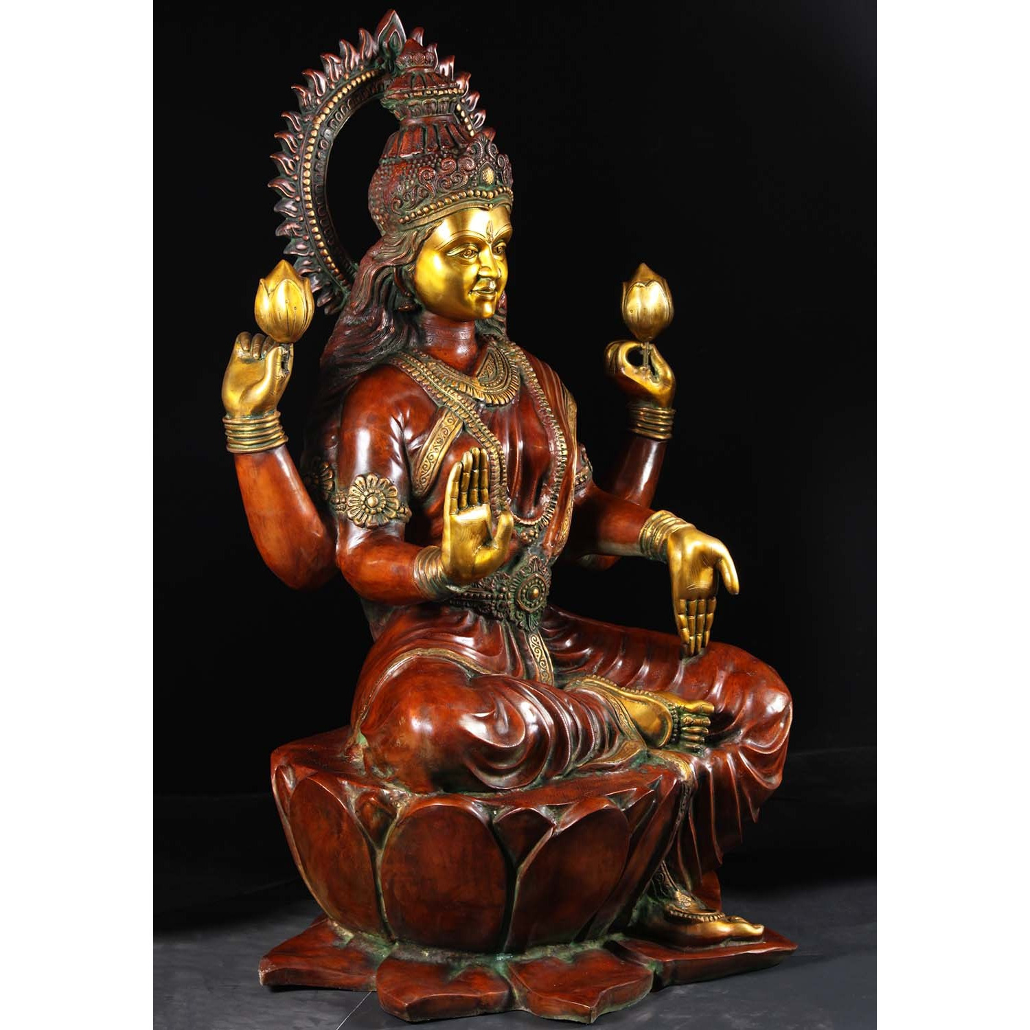 Brass Large Lakshmi Statue with Lotus Flowers 53 Inches