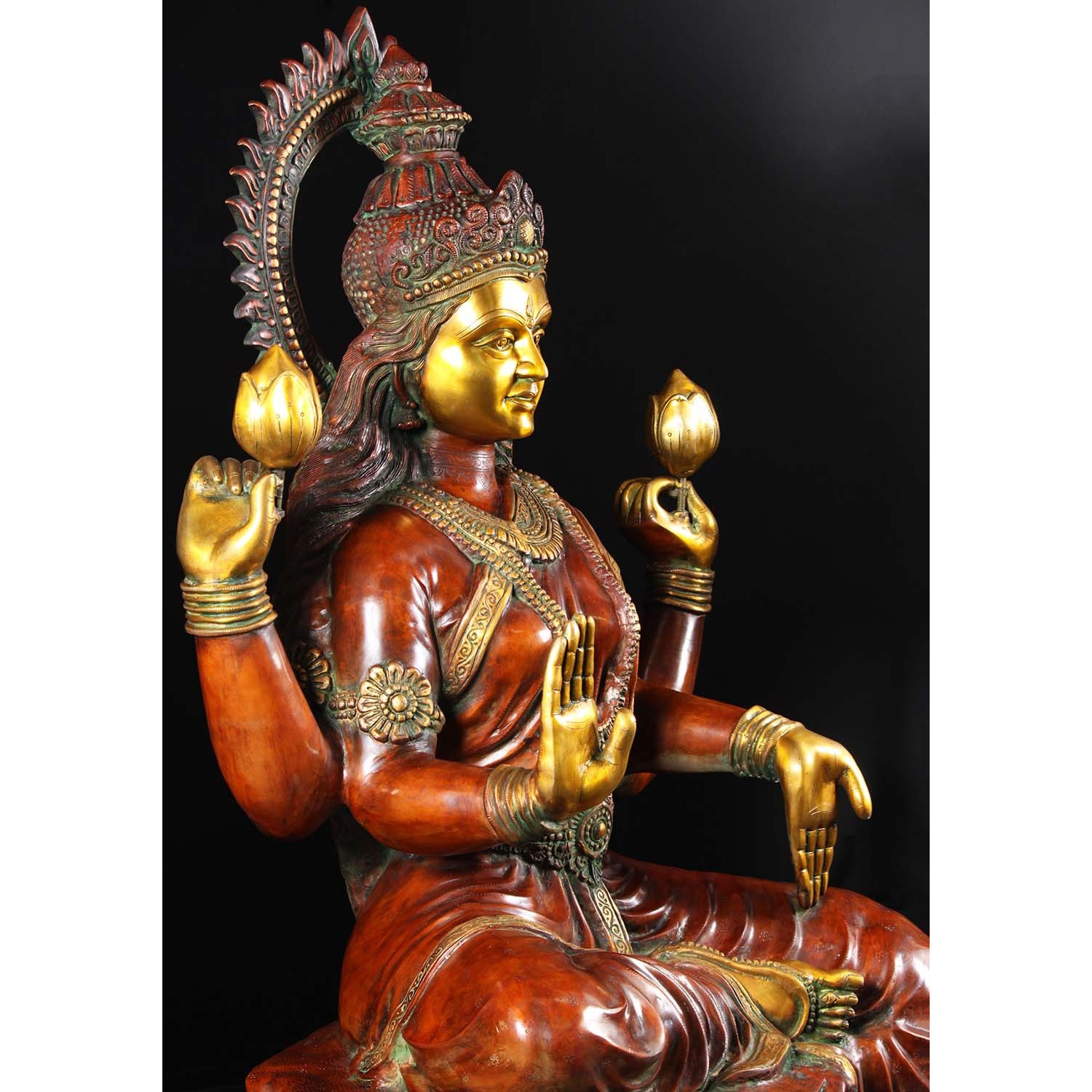 Brass Large Lakshmi Statue with Lotus Flowers 53 Inches