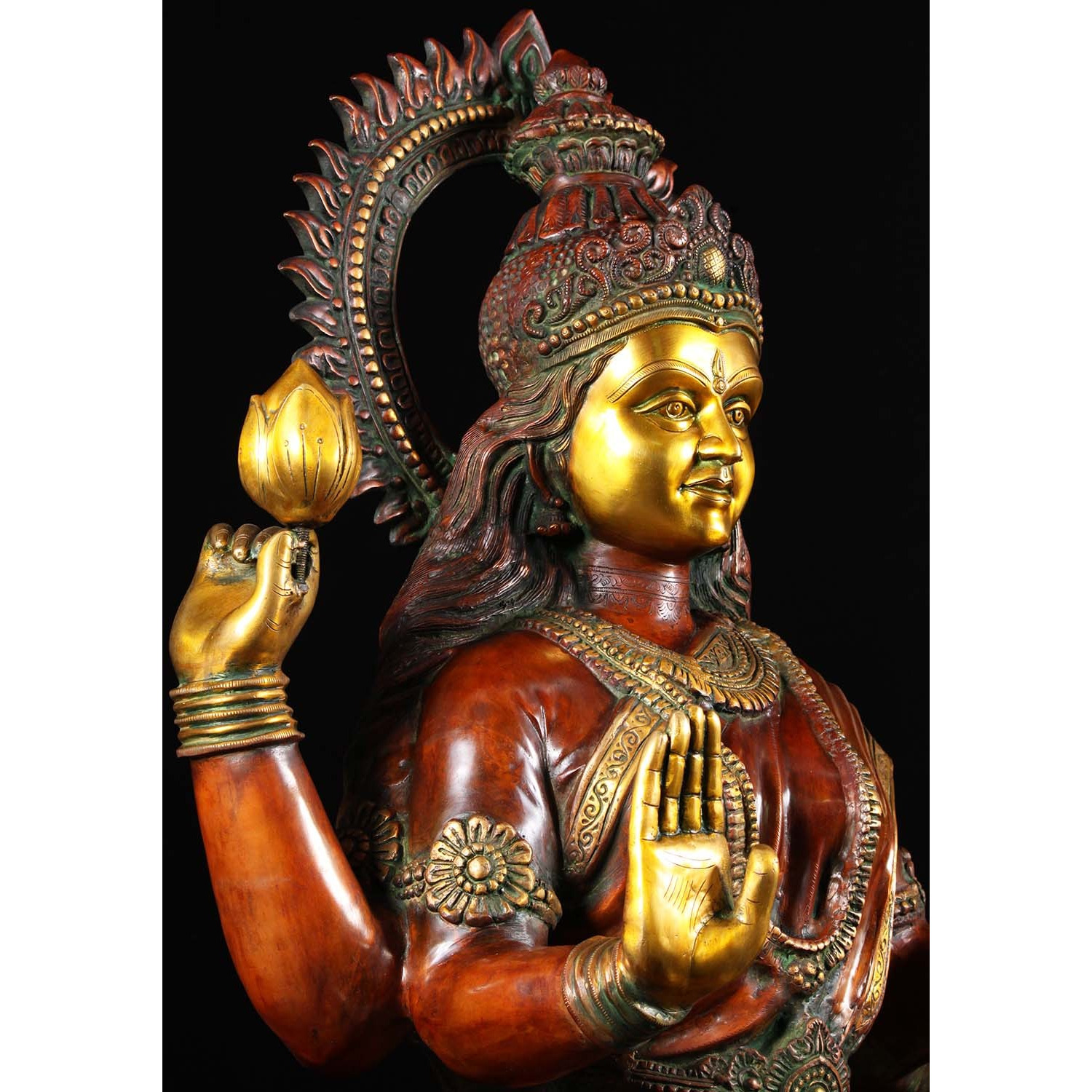 Brass Large Lakshmi Statue with Lotus Flowers 53 Inches