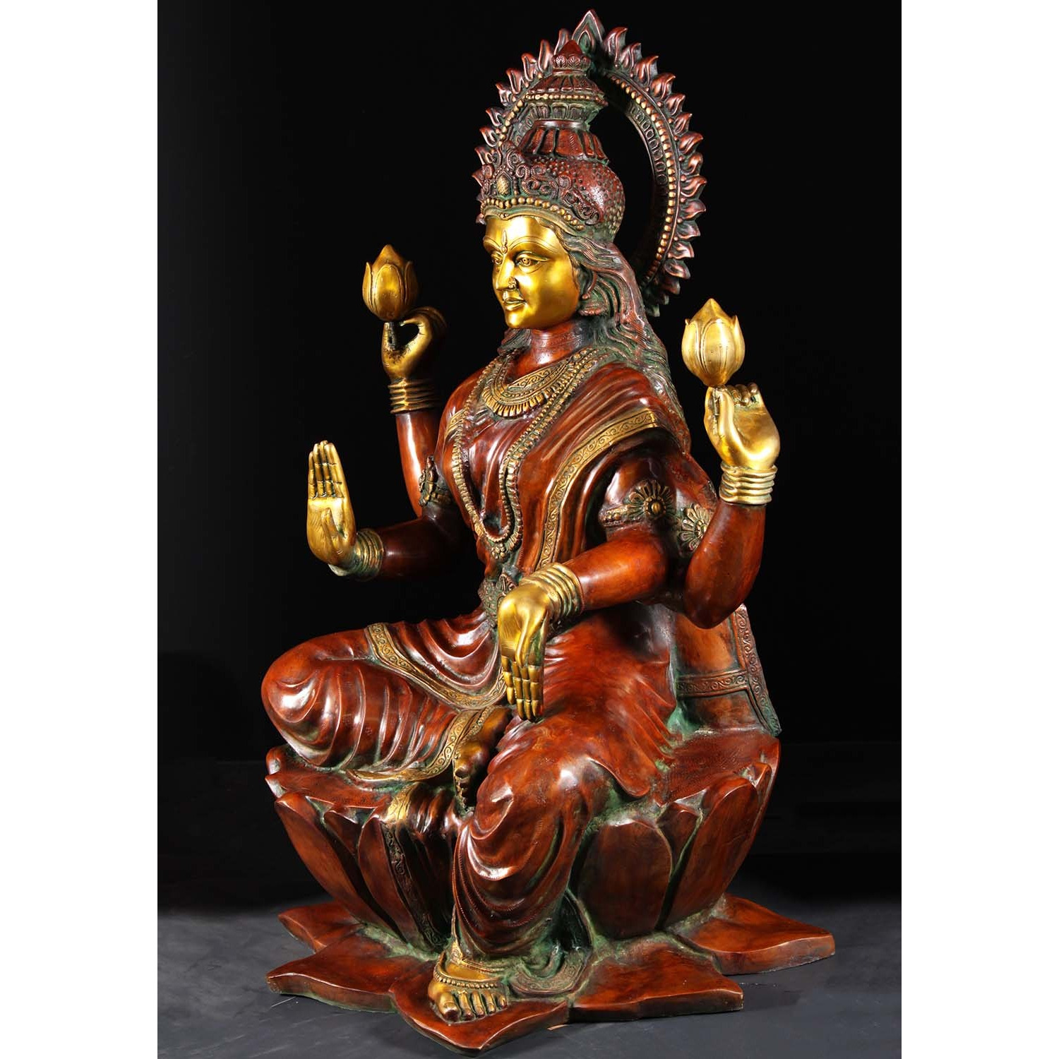 Brass Large Lakshmi Statue with Lotus Flowers 53 Inches