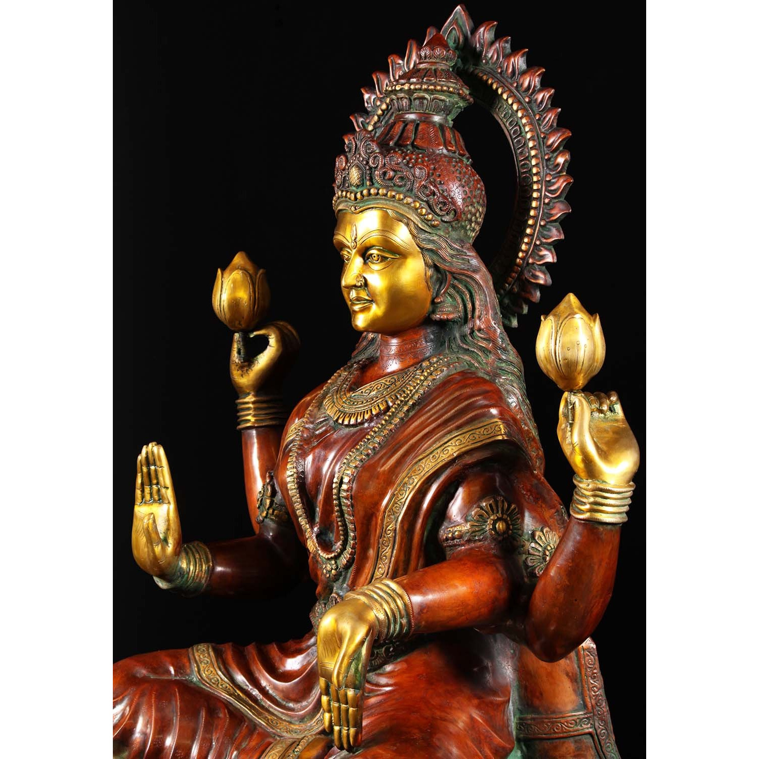 Brass Large Lakshmi Statue with Lotus Flowers 53 Inches