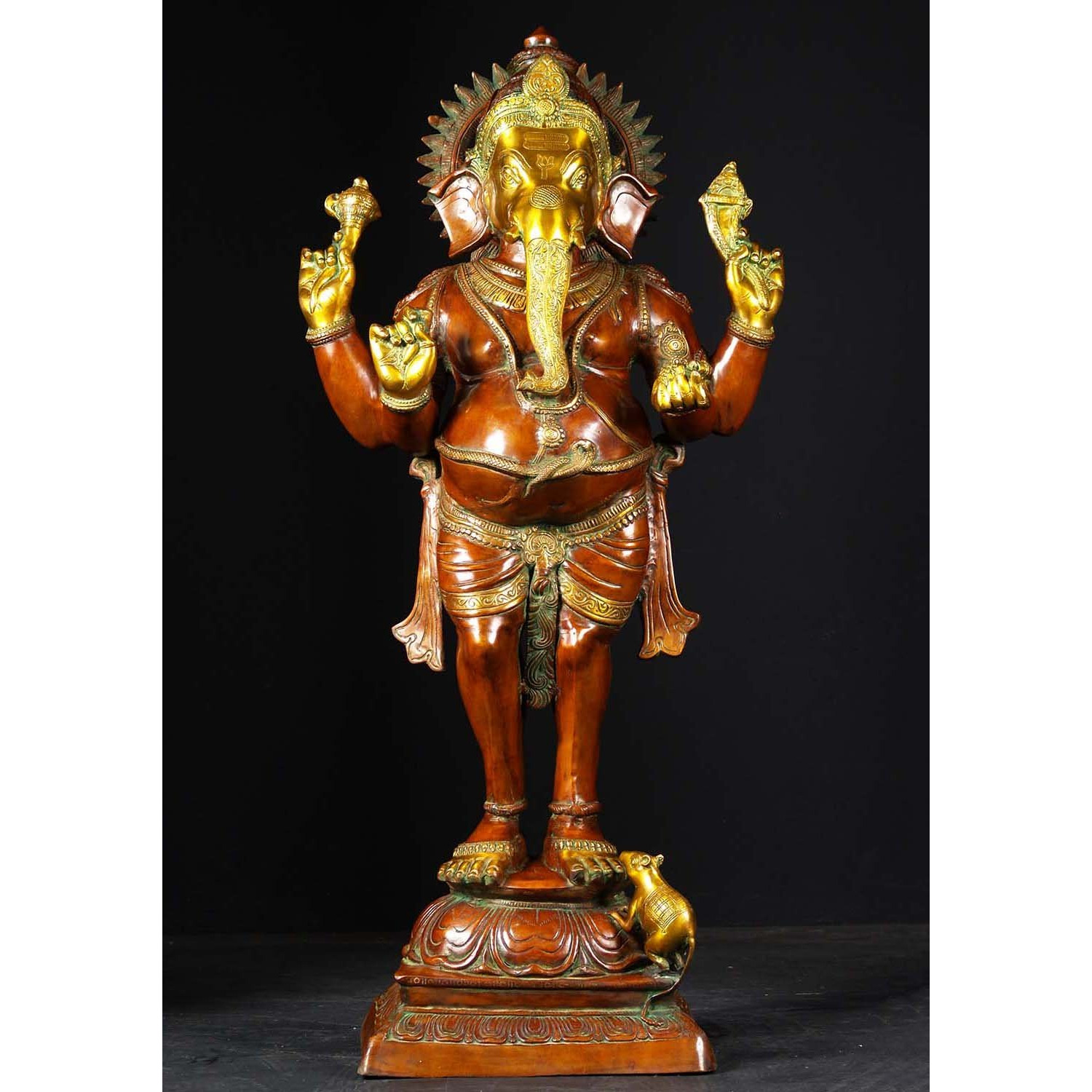 Brass Large Standing Ganesha with Mooshika 51 Inches