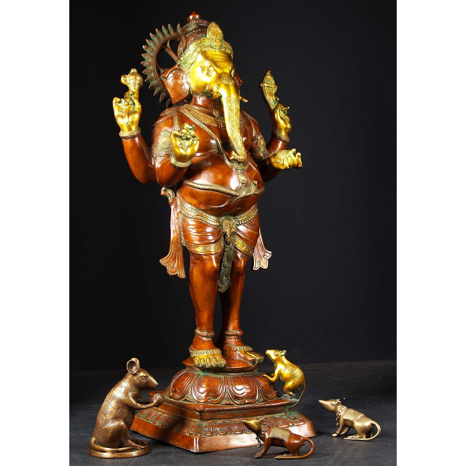 Brass Large Standing Ganesha with Mooshika 51 Inches