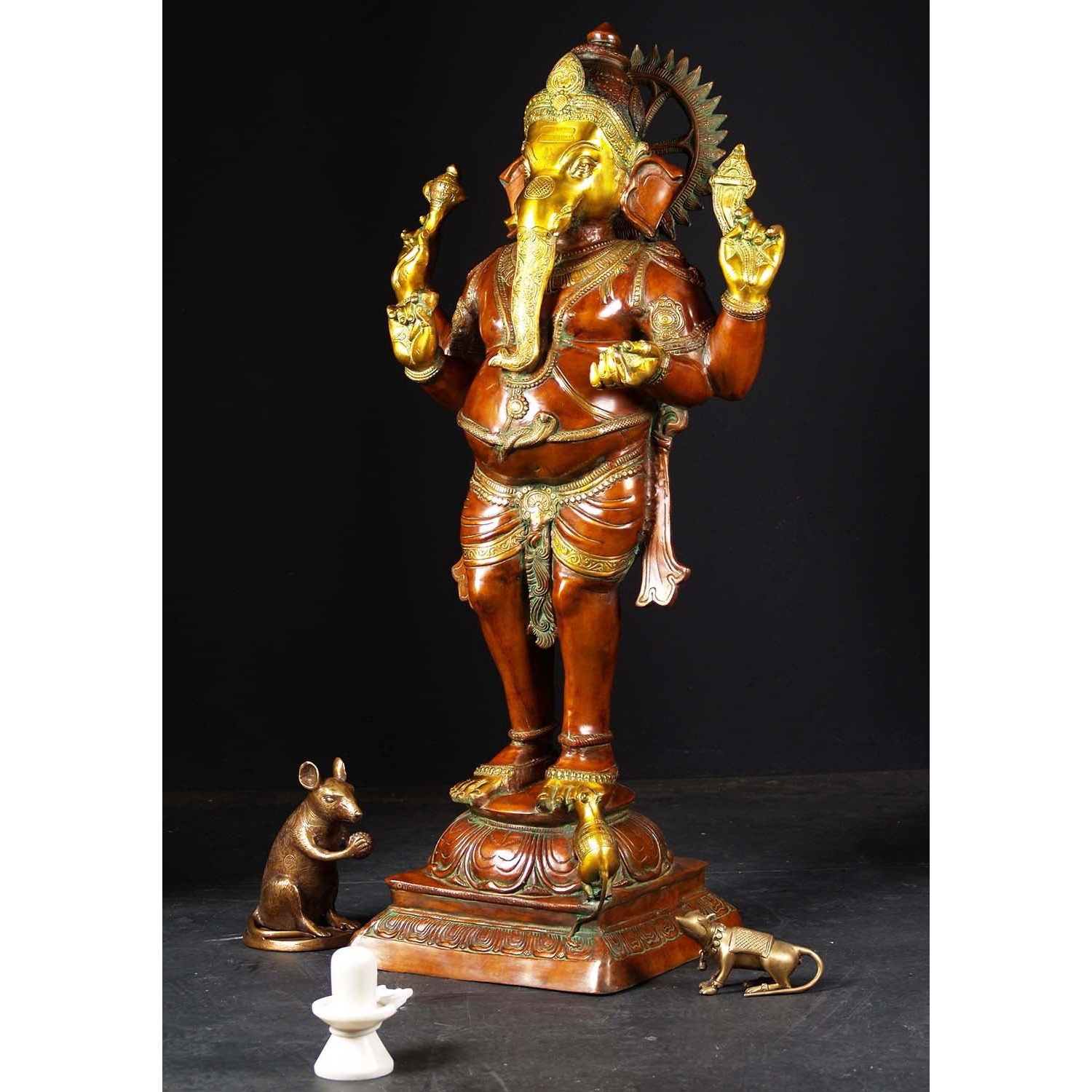 Brass Large Standing Ganesha with Mooshika 51 Inches