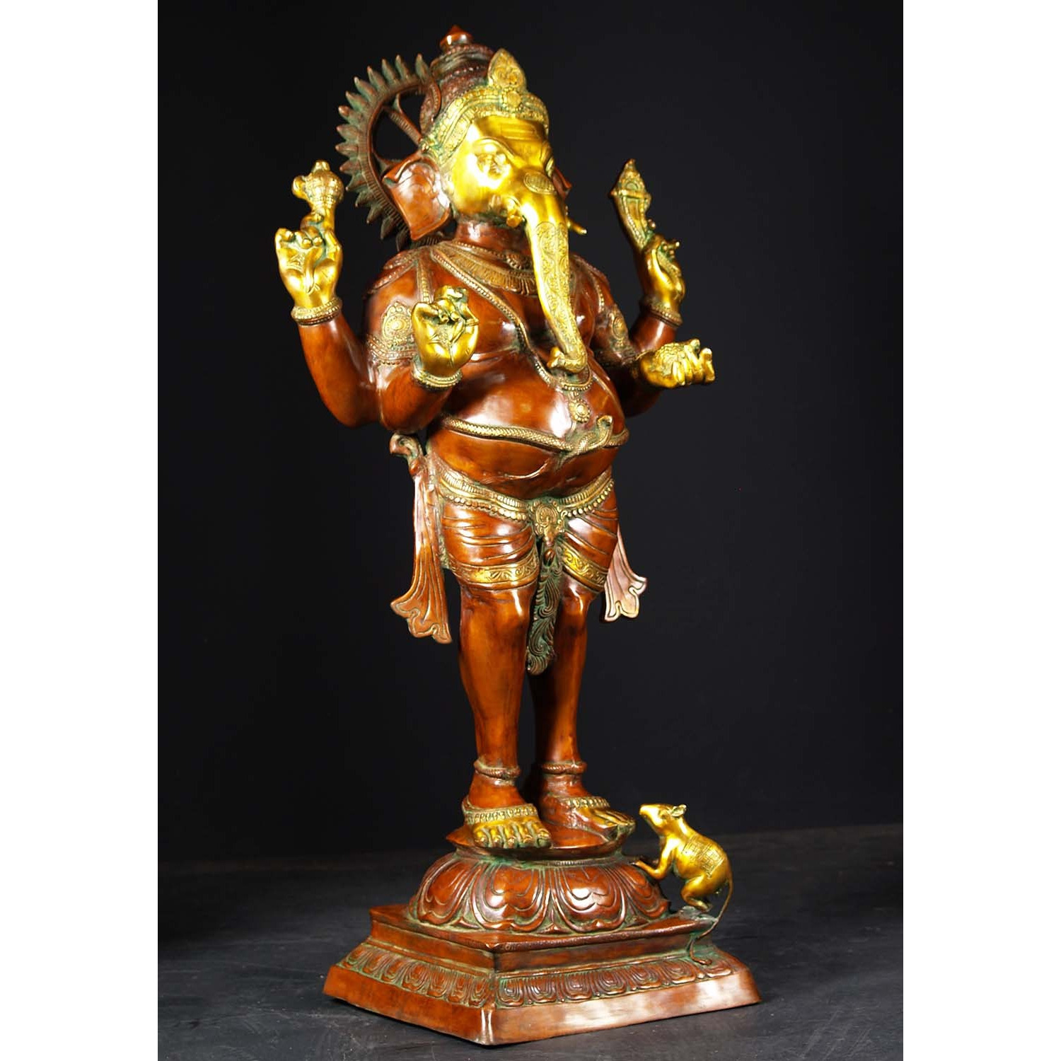 Brass Large Standing Ganesha with Mooshika 51 Inches