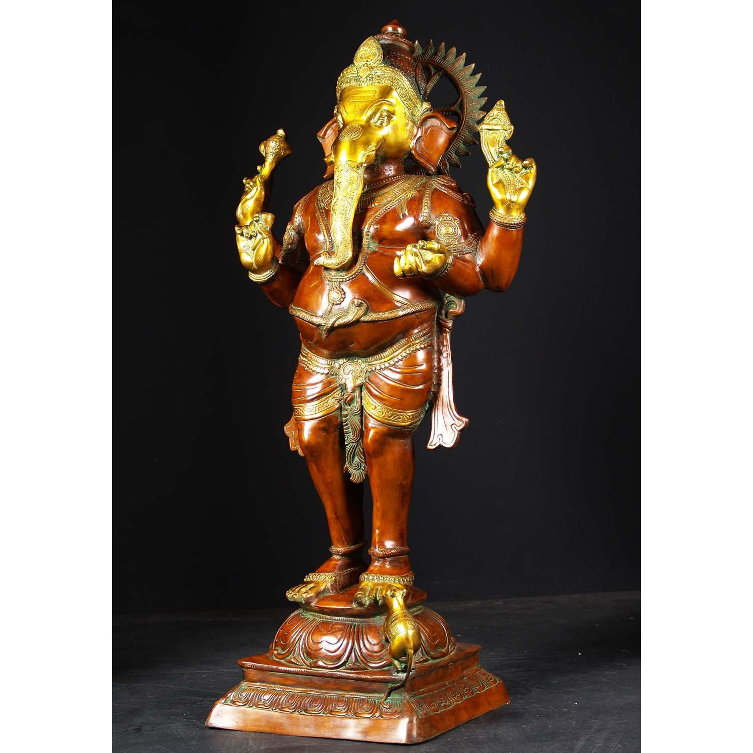 Brass Large Standing Ganesha with Mooshika 51 Inches