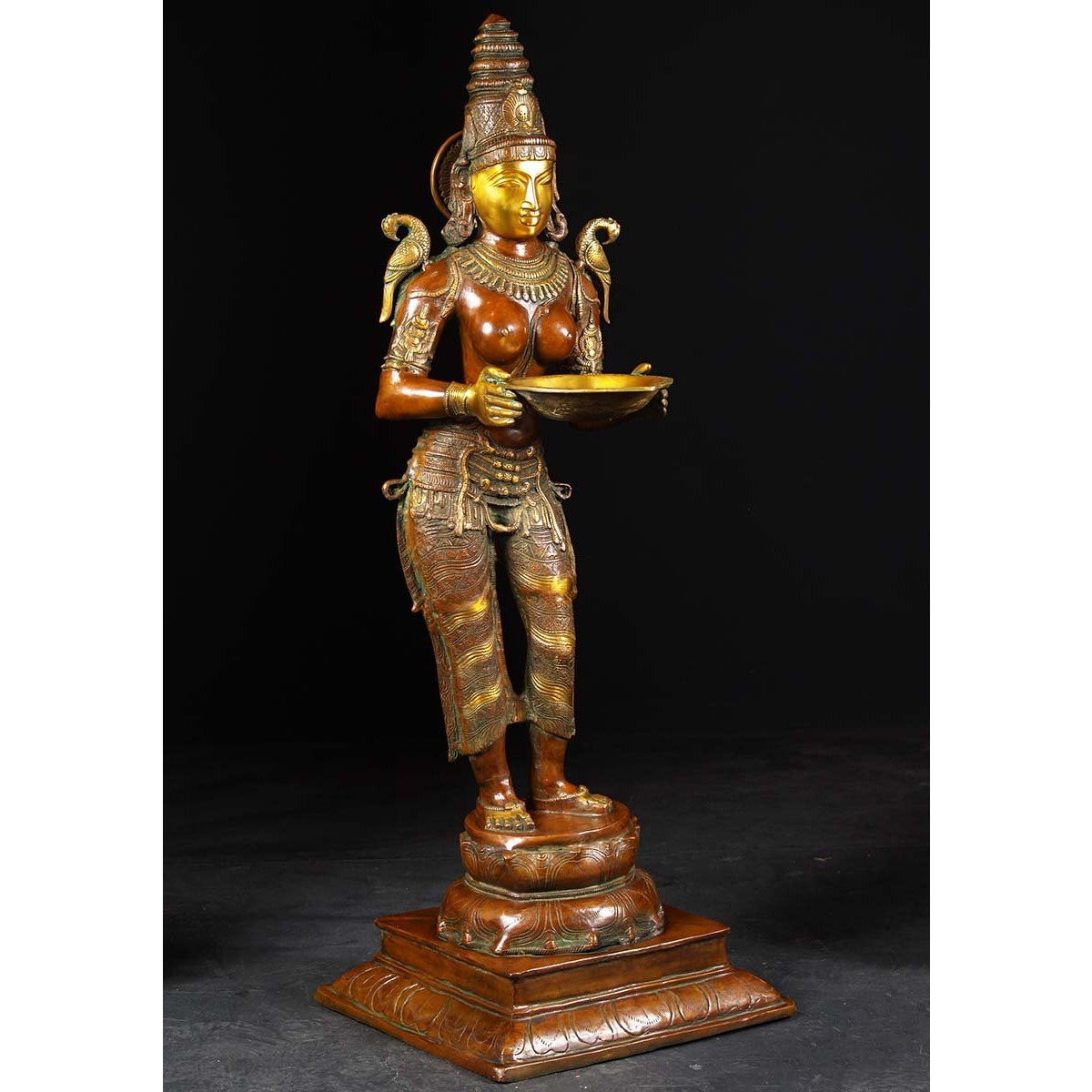 Brass Lakshmi Statue Holding Large Deepa Lamp 51 Inches