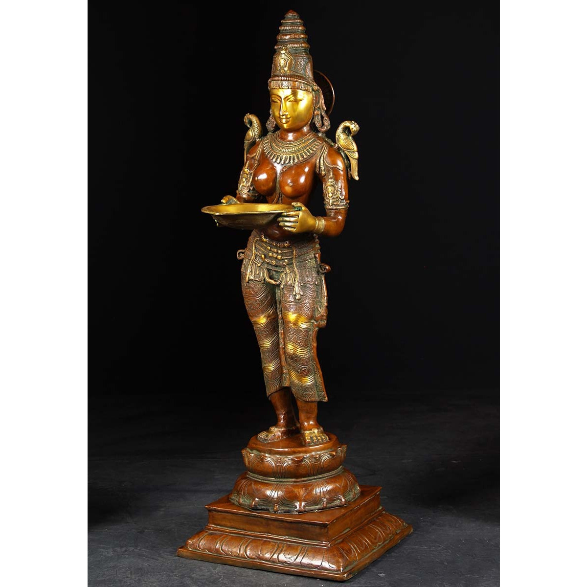 Brass Lakshmi Statue Holding Large Deepa Lamp 51 Inches