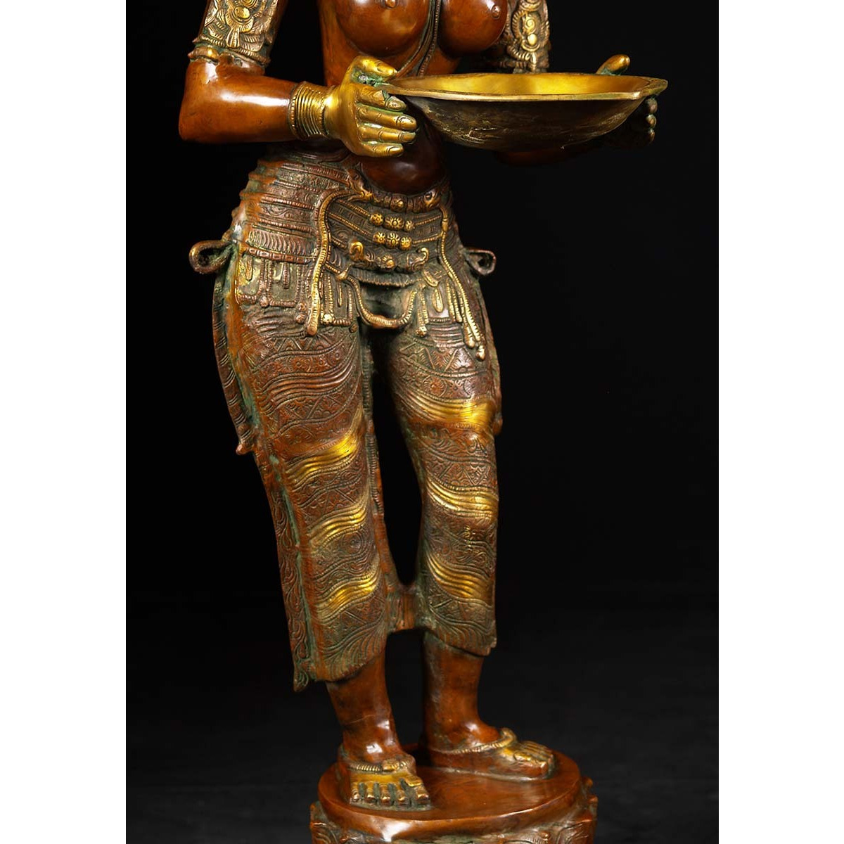 Brass Lakshmi Statue Holding Large Deepa Lamp 51 Inches